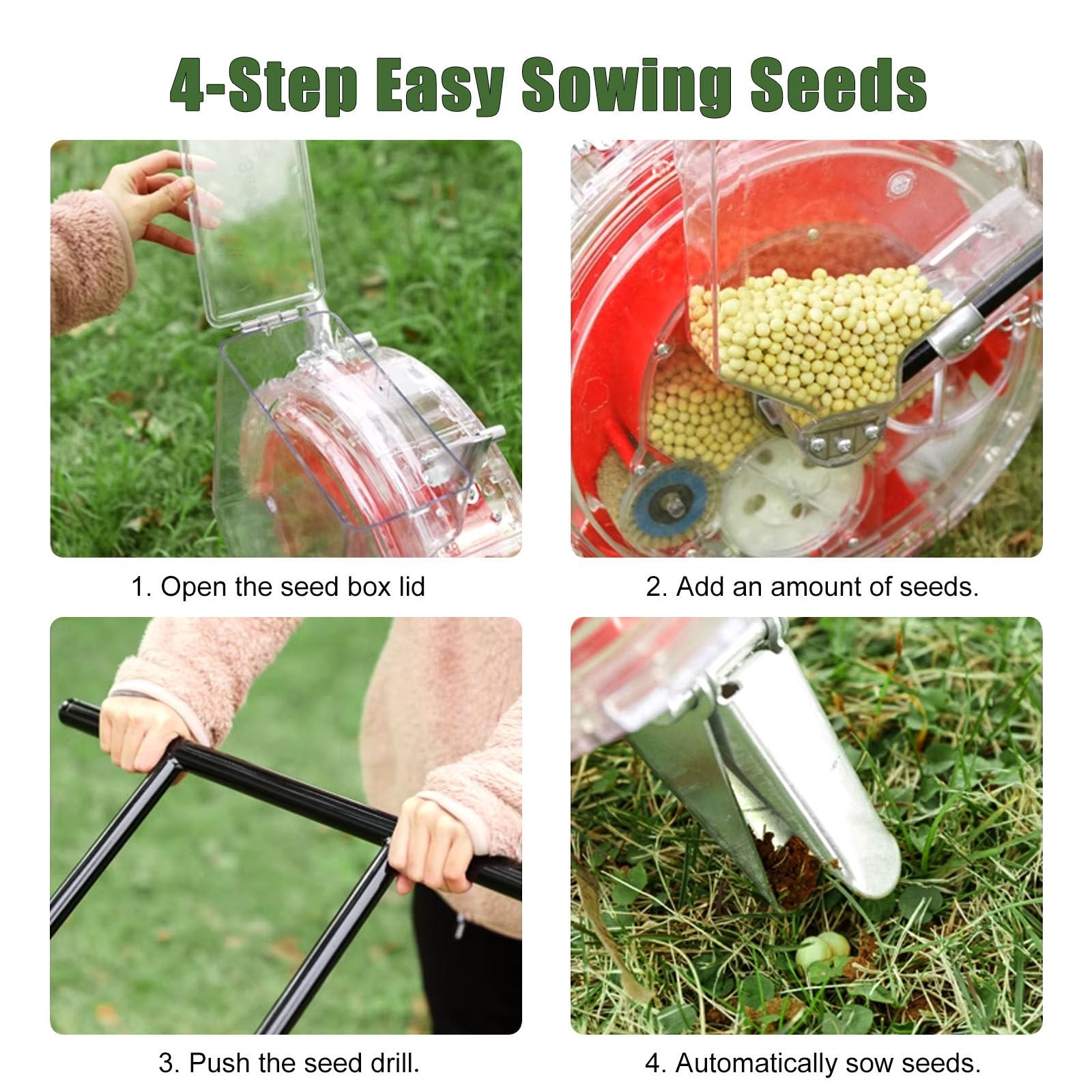 Sembradora de Empuje Manual para Granja y Jardín | Sembradora de Césped con 12 Boquillas y 6 Ruedas de Semillas | Profundidad y Espaciado Ajustables | para Semillas de Maíz, Soja, Verduras 3-15 mm