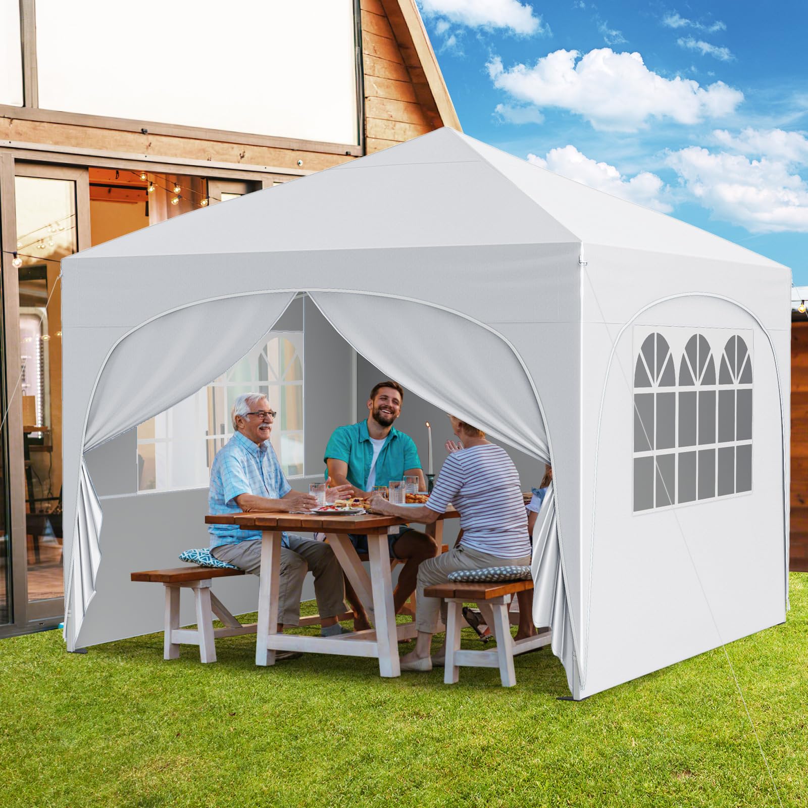 COSTWAY Tonnelle de Jardin Pliante 3x3m avec Parois, Pop up, Protection UV 50+, Imperméable, Tente de Reception Pliable, 4 Côtés et 4 Sacs de Sable, Sac à roulettes, pour Camping Fête (Blanc)