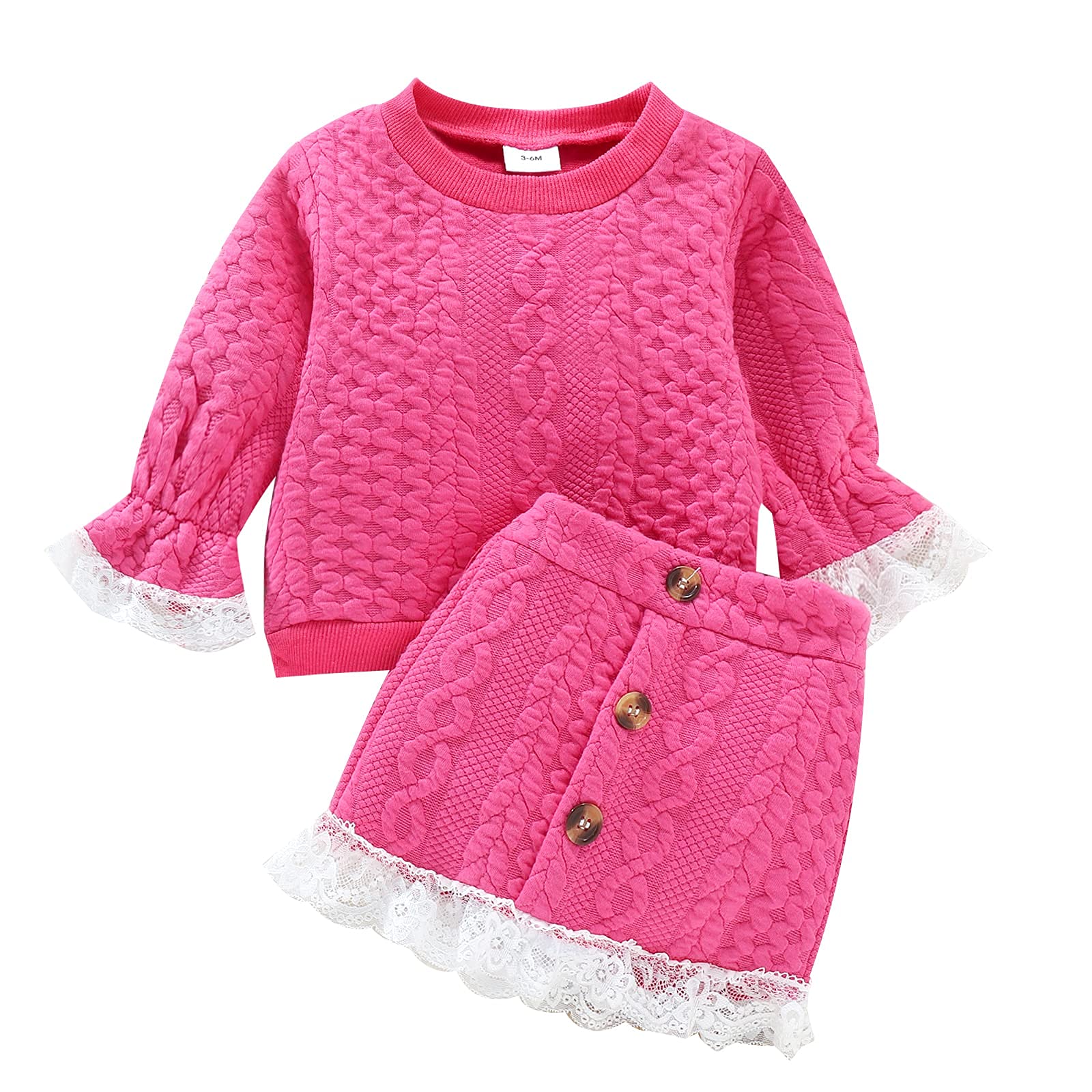 Winter 2 PCS Baby Girl Knit Clothes Long Sleeve Pullover Sweater Top + Lace Trim Buttons Skirt Oufit Set (Rose Red,12-18 Months)