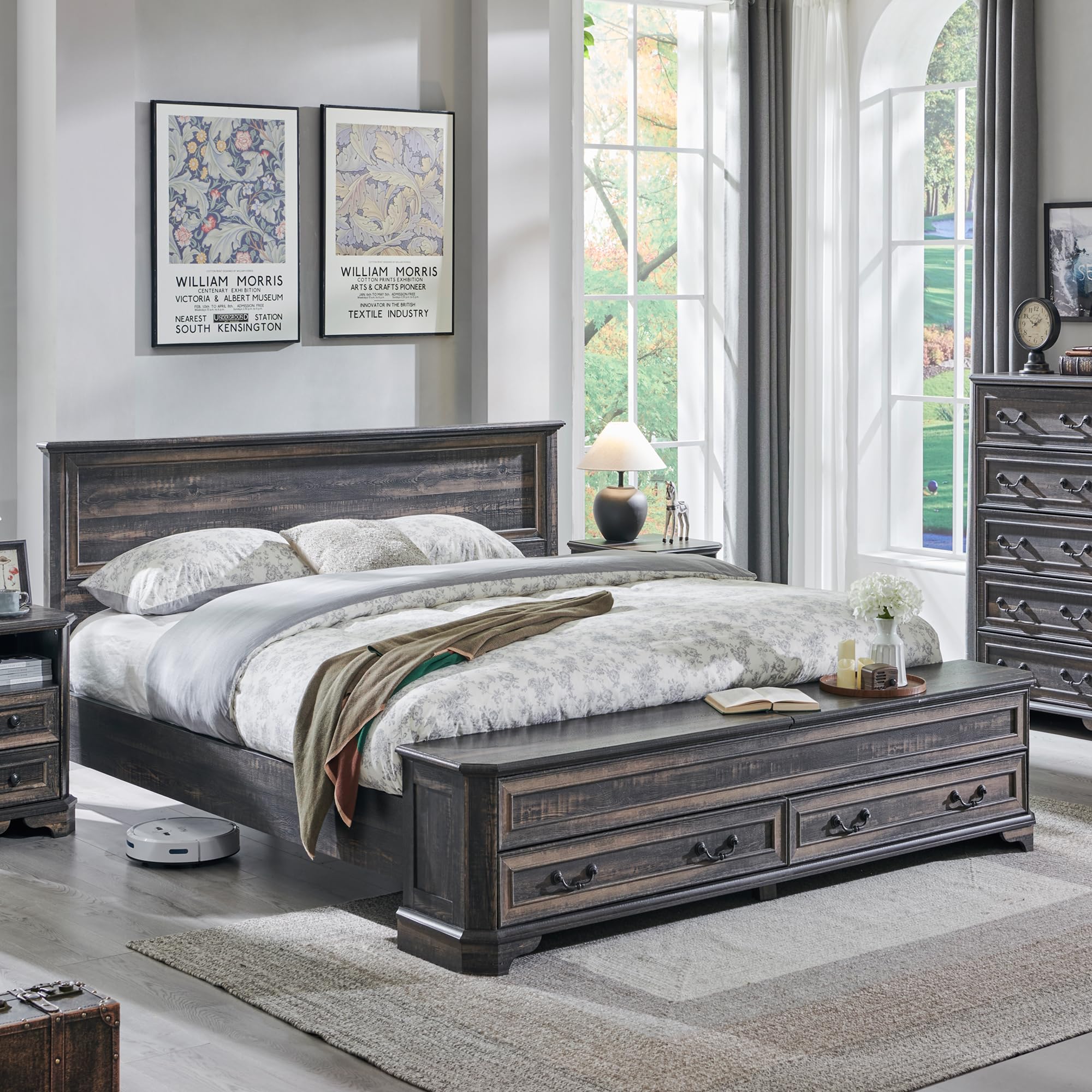 T4TREAM Farmhouse Queen Bed with Headboard and Storage Bench - Rustic Wood Platform Bed with 64" Storage Chest and 4 Large Drawers, Dark Rustic Oak