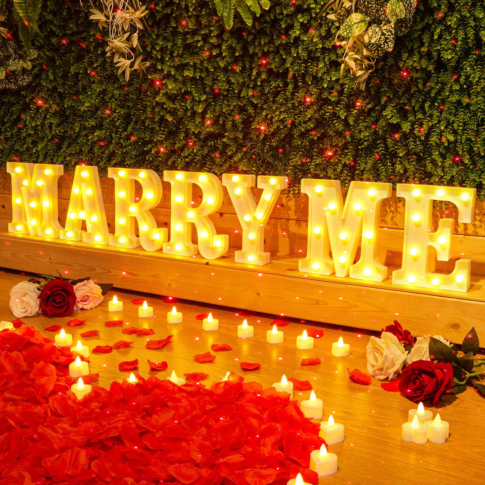 Hanaive 8128 letras iluminadas para decoración de propuesta de matrimonio, 7 piezas de letrero de cásate conmigo con 120 velas románticas de corazón, 8000 pétalos de rosa, 1 luz nocturna romántica USB