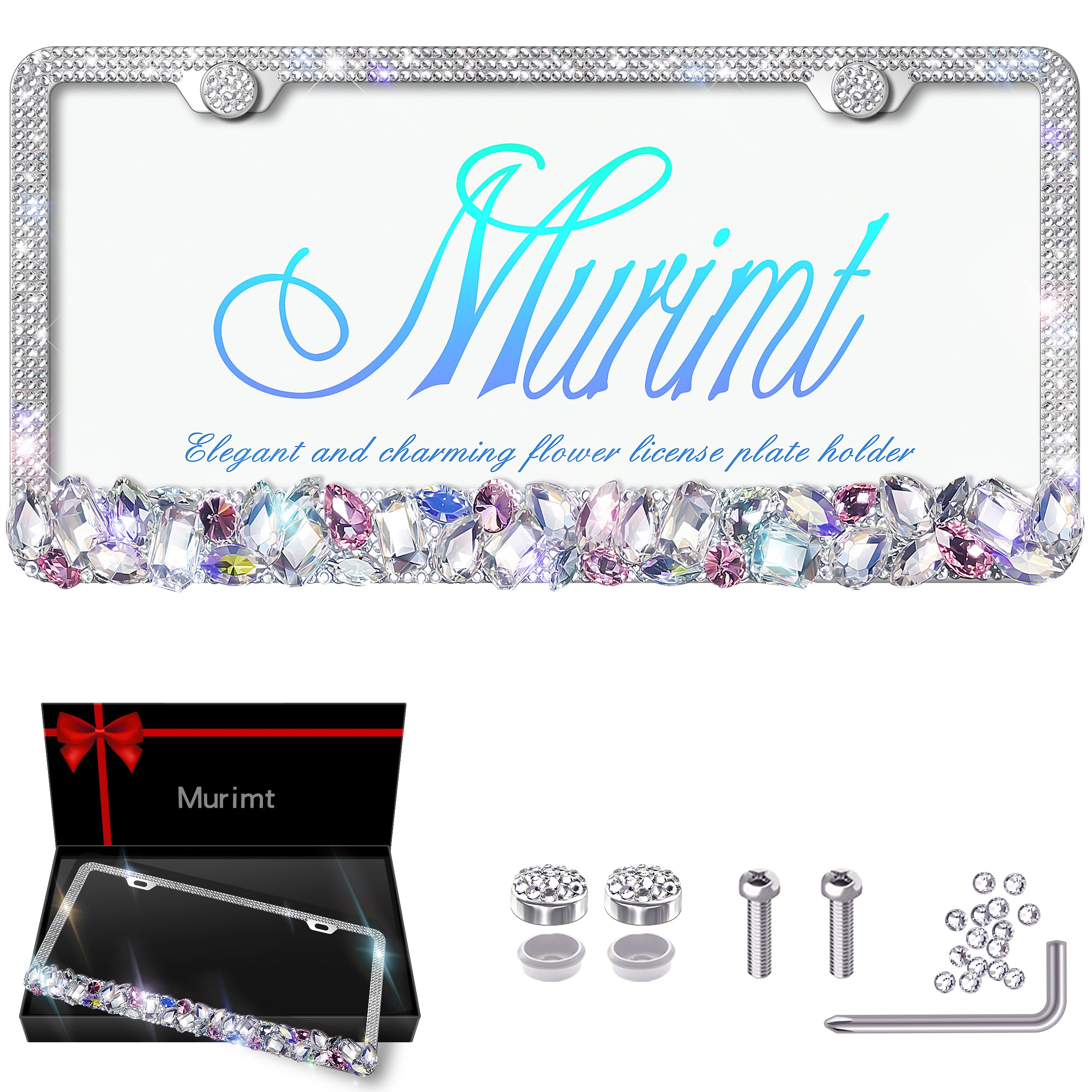 MurimtSparkly Rhinestone Car License Plate Frames 1 Pack Diamond Bling Bedazzled License Plate Frames | Over Handcrafted Stainless Steel Frame