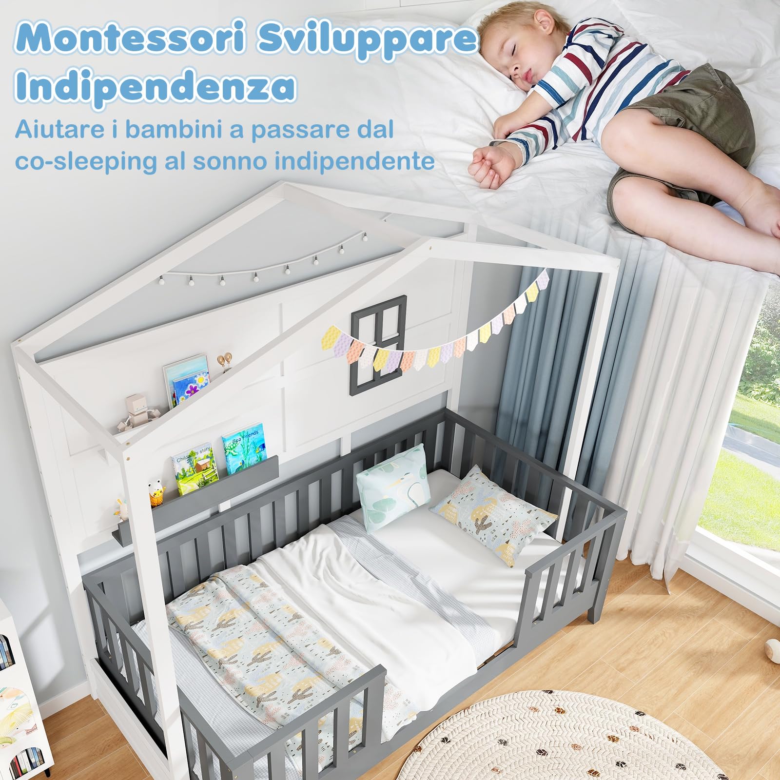 GYMAX Struttura Letto per Bambini, Carico 180 kg, Letto Singolo Montessori a Terra con Recinzione, 18 Doghe in Legno e 2 Mensole di Stoccaggio, Letto a Piattaforma in Stile Casetta, 206 x 97 x 192 cm