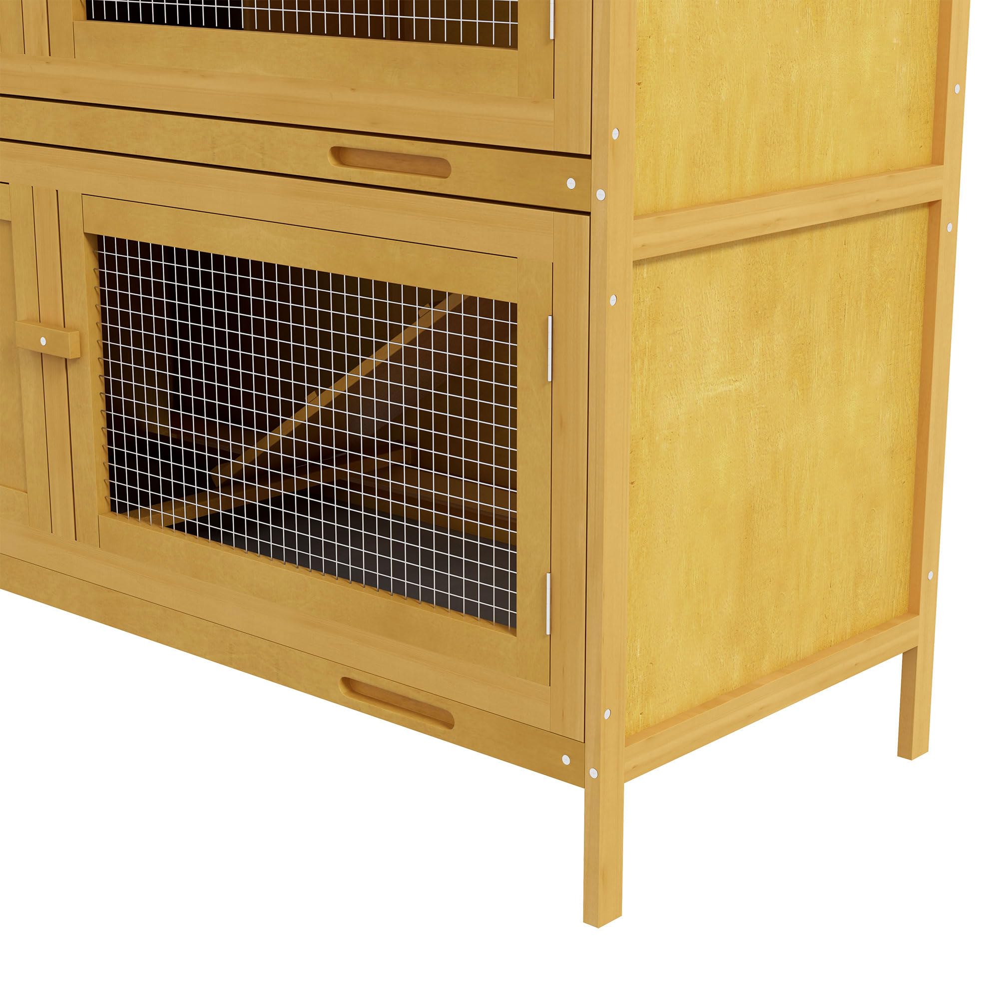 PawHut Conigliera da Esterno a 2 Livelli con Rampa Antiscivolo, 2 Vassoi Estraibili e 4 Porte con Serratura, Conigliera in Abete e Tetto in Bitume, 97x44x91 cm, Giallo