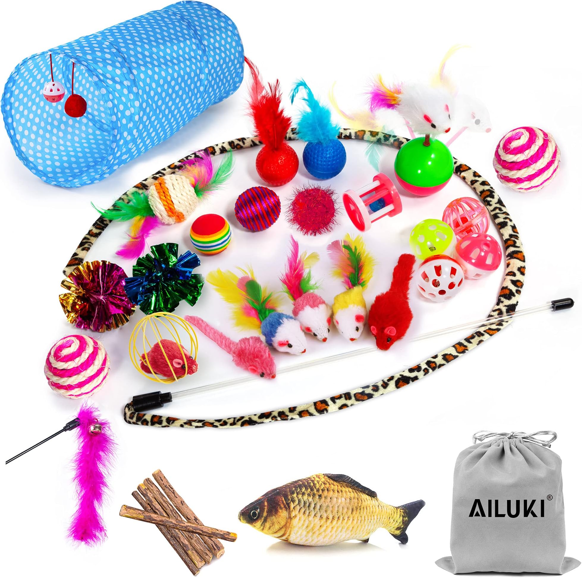 AILUKI31 pieces cat toy set with cat tunnel Jingle Bell Cat Toy Variety Pack for Kitty