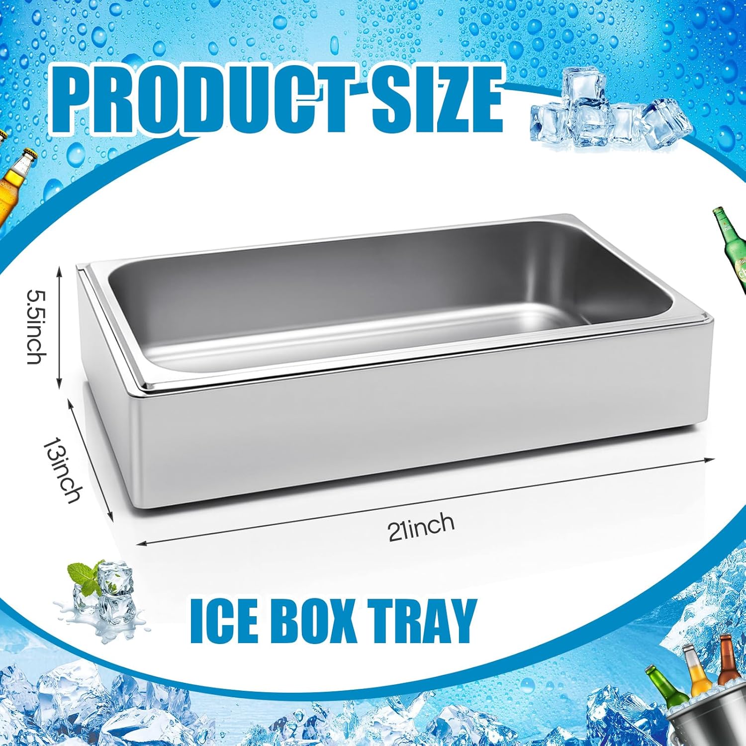 Ice Housing Bin with Removable Tray Ice Holder Container Wine Beer Champagne Drink Bucket Beverage Tub for Freezer Display Buffet Bar Counter Party Drink Chiller(Stainless Steel,21" X 13" X 5.5")