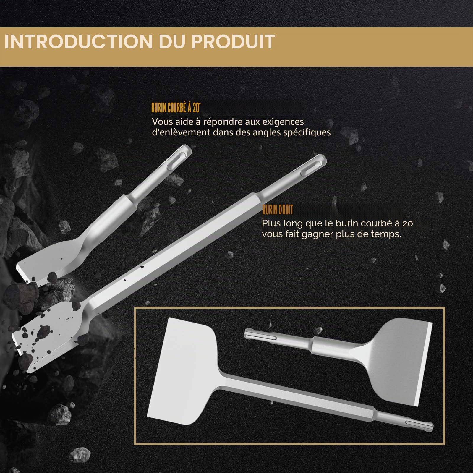 CSOOM SDS PLUS Lot de 2 burins à carrelage 75 x 165 mm et burins plats 100 x 280 mm pour carrelage, colle à carrelage, béton, pierre naturelle, maçonnerie, etc