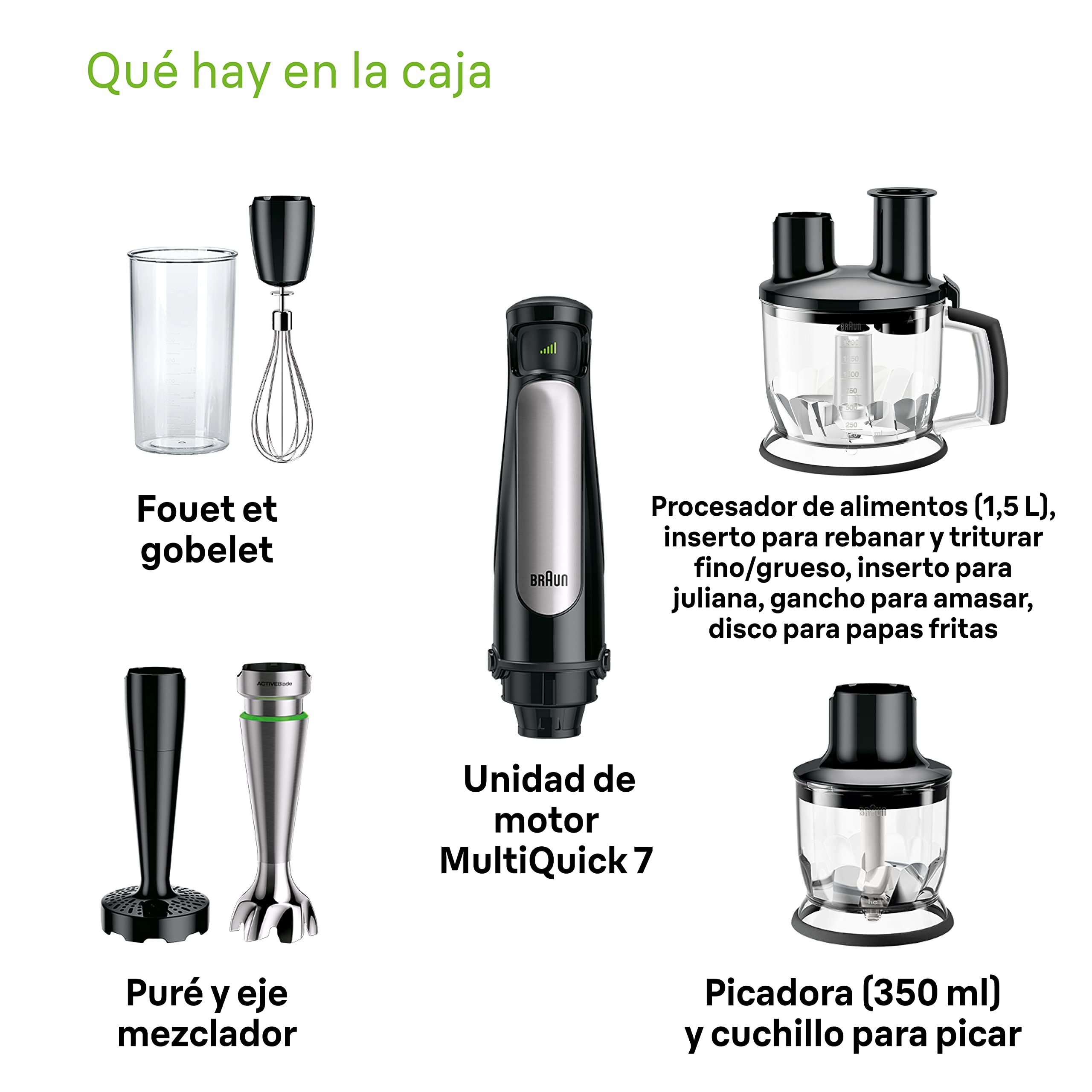 Braun Minipimer 7 - Batidora de Mano con Tecnología SplashControl, Sistema ActiveBlade para Alimentos Duros, Selección de Velocidad, Procesador 1,5L, Picadora, Vaso 600 mL, 1000 W, Negro (MQ7087X)