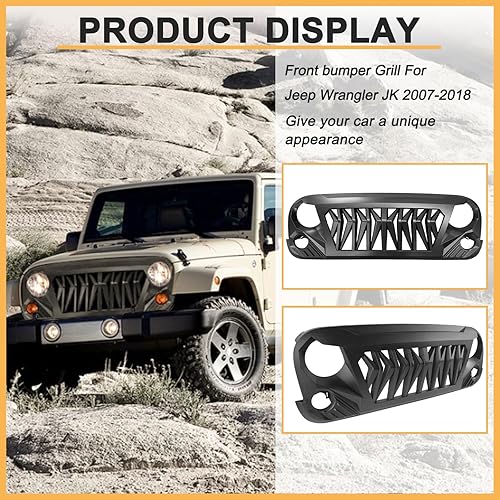 Miniatura 5 de Rejilla delantera para Jeep Wrangler JK Rubicon Sahara Sport Unlimited 2007-2018 negro mate Shark Grill