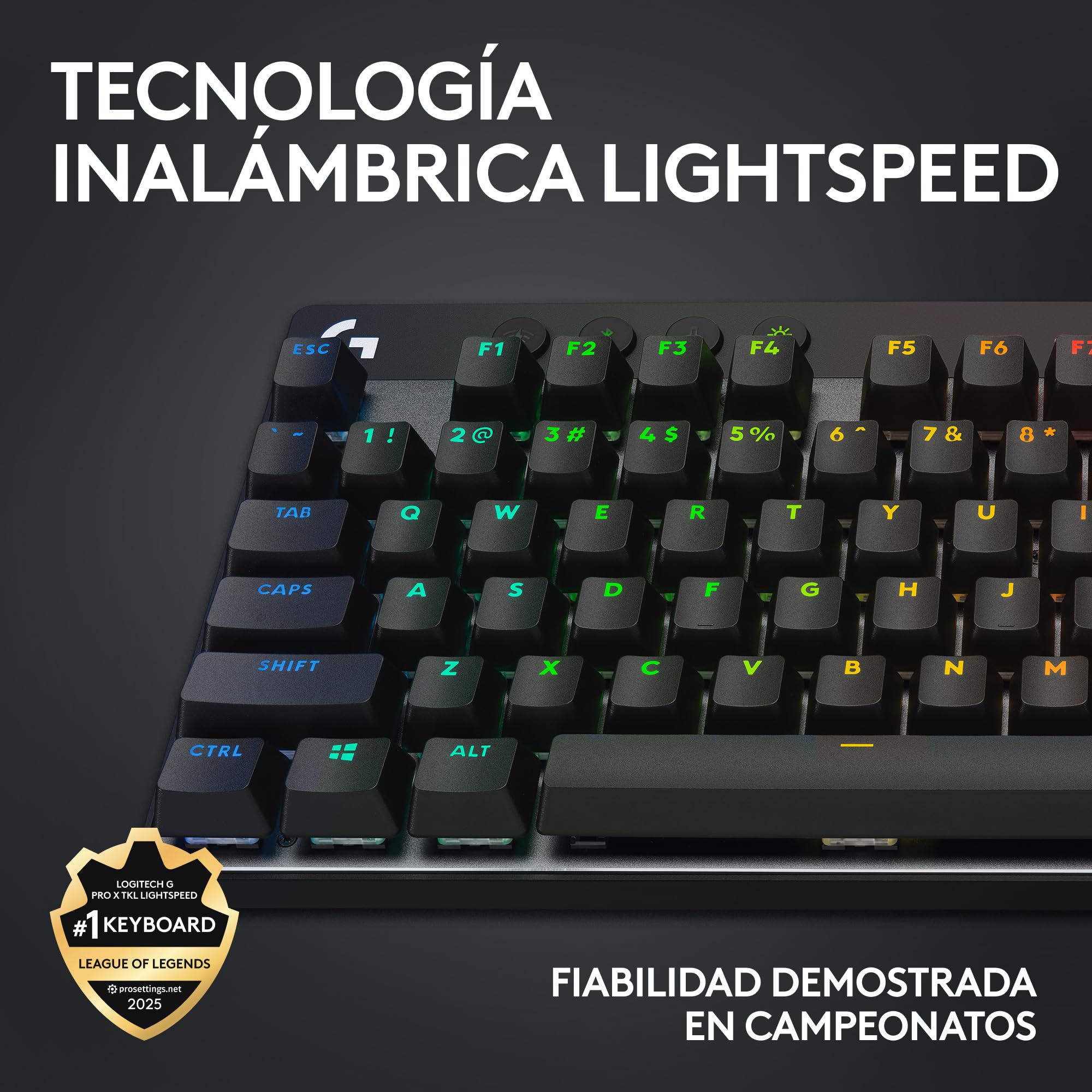 Logitech G Pro X TKL Lightspeed, Teclado inalámbrico para Gaming, ultraportable, sin sección numérica, RGB LIGHTSYNC, Teclas de PBT, interruptores táctiles (GX Brown), QWERTY Español, PC - Negro