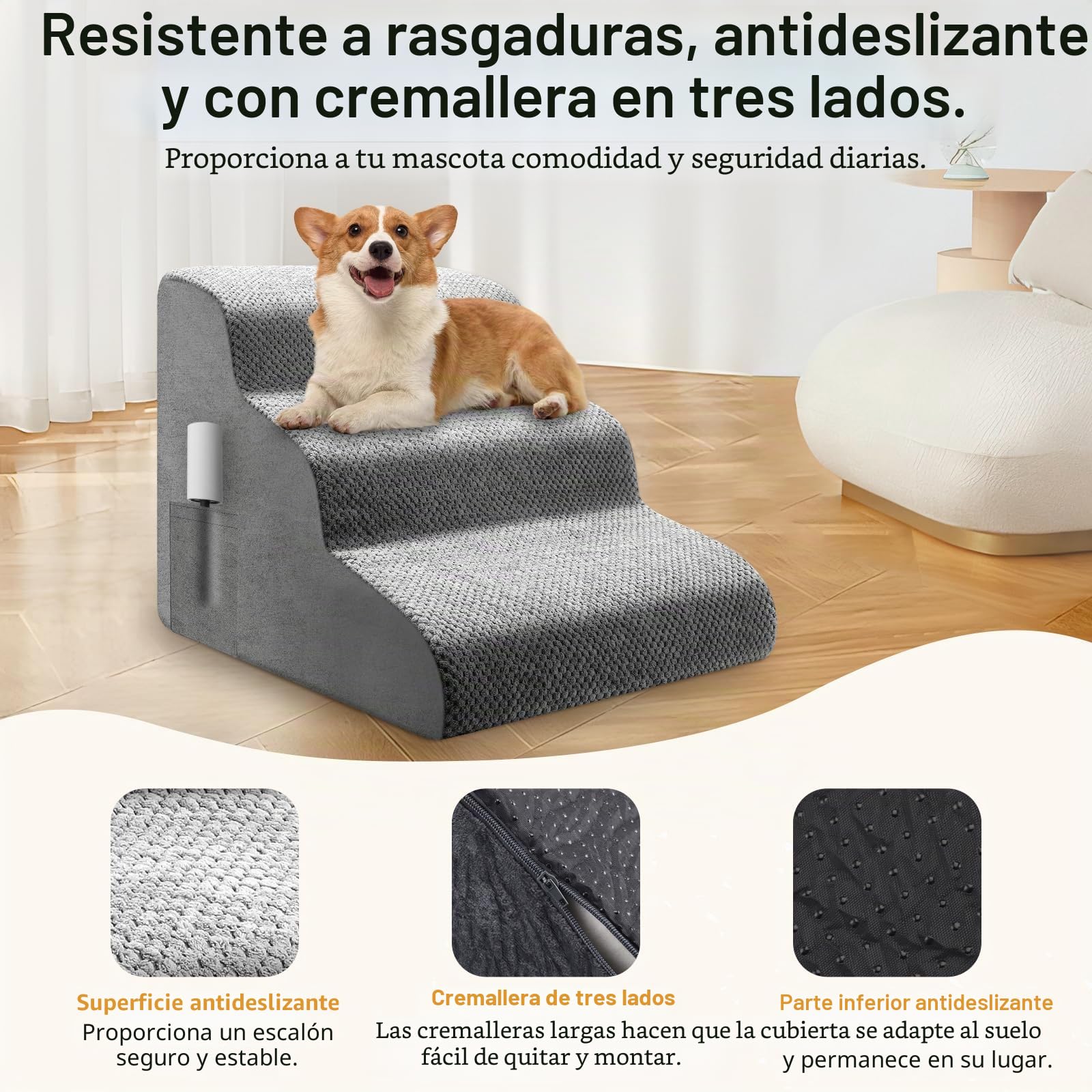 Escalera para perros de 3 niveles, antideslizante para perros pequeños, gatos, escalera para cama y sofá, portátil, rampa para perros y gatos, con funda impermeable lavable, 56 x 40 x 40 cm