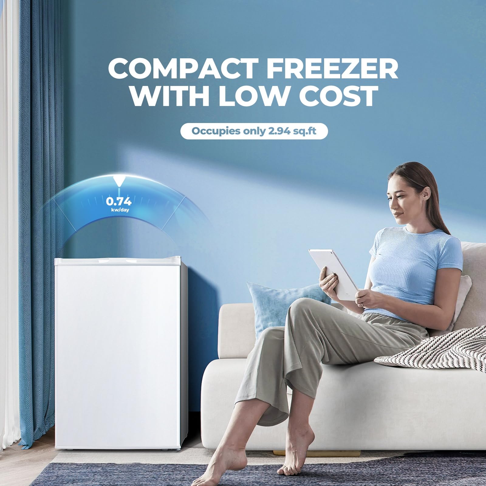 Electactic 3.0 Cu.Ft Upright Freezer, Small Mini Freezer With Adjustable Thermostat, Removable Shelves, Reversible Single Door, For Bedroom/Home/Dorms/Apartment (White) on Fridge.com - View 3
