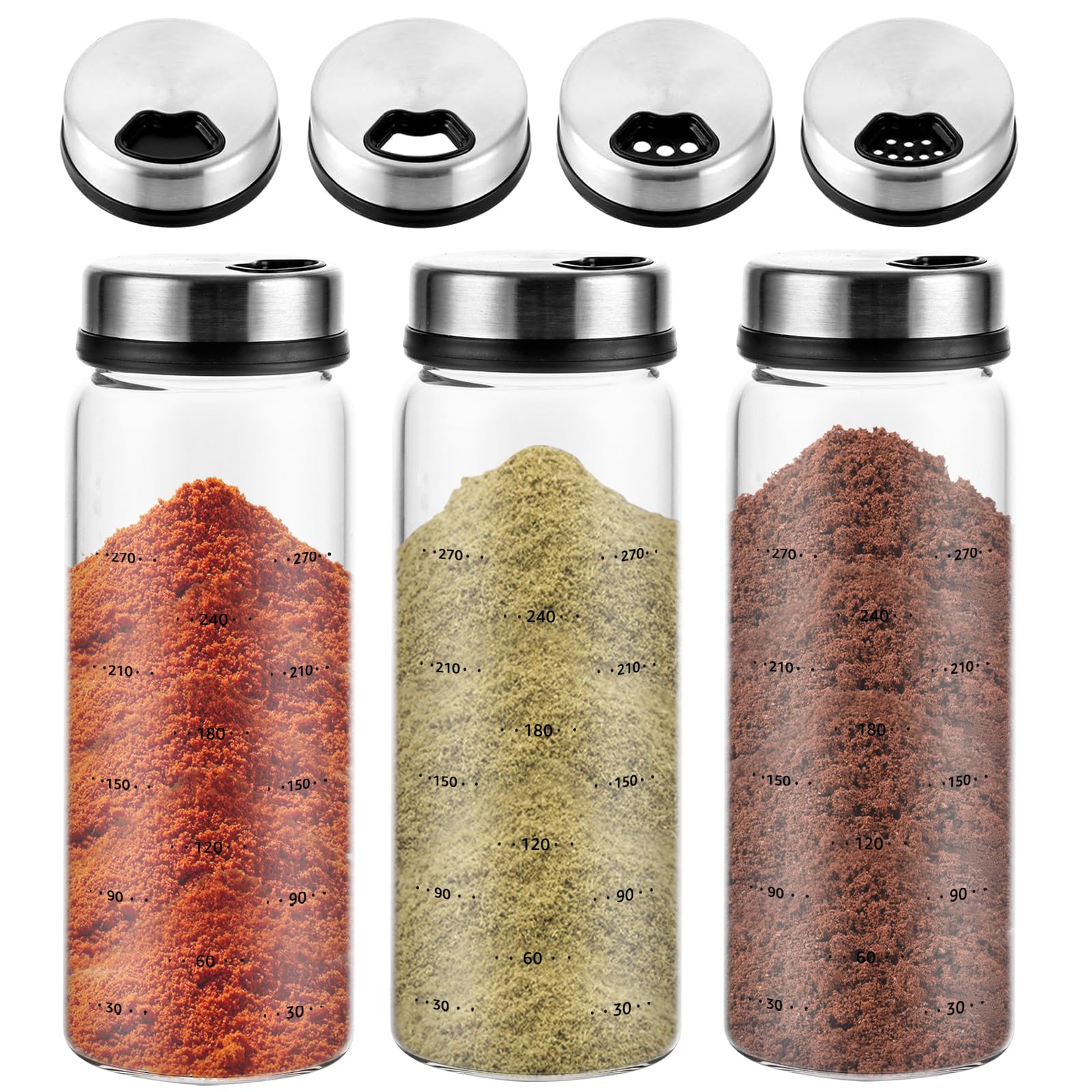 Lot de 3 bocaux à épices avec couvercle rotatif – 300 ml – Pots en verre hermétiques de 16,5 x 6 cm – Saupoudreur avec 4 types d'ouvertures – Spice jars pour cuisine, salle à manger