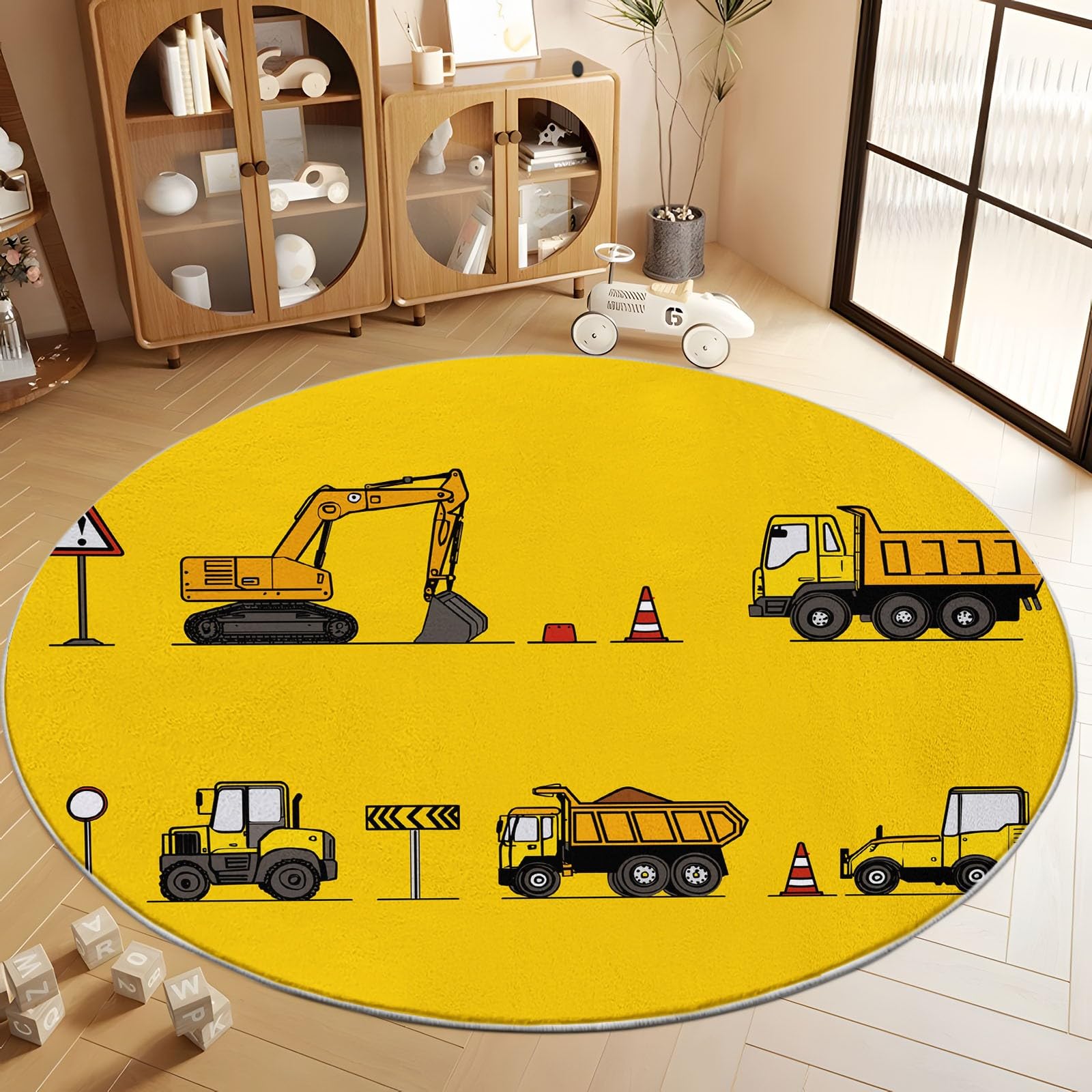Veicoli Da Costruzione Cartone Animato Tappeto Salotto Rotondo Giallo Flanella Camera Da Letto Tappeti Rotondo, Cucina Antiscivolo Lavabile - Per Tavolino Da Salotto Bagno Tappeto Cameretta 120 cm