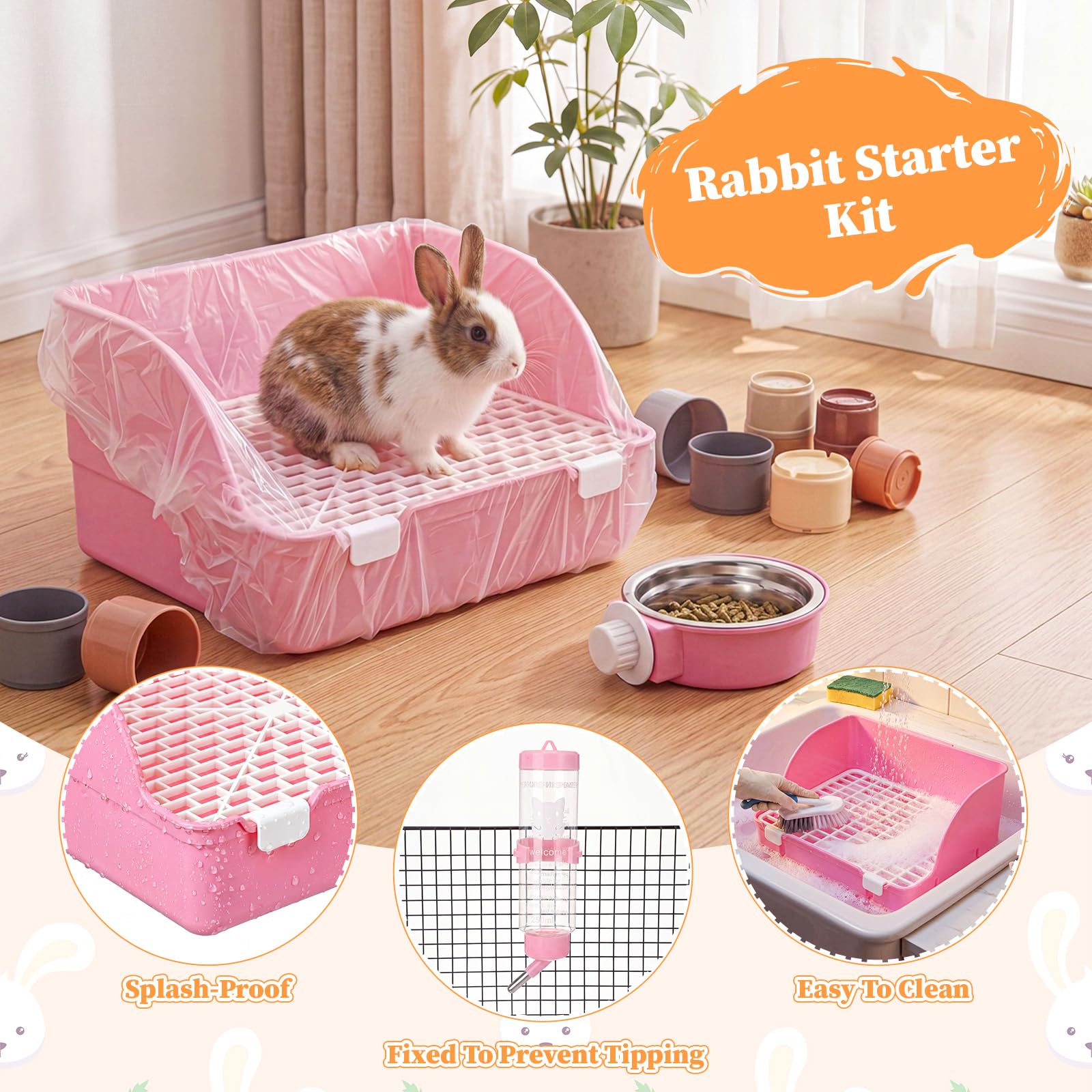 34-teiliges Kaninchen-Starter-Set, Kaninchentoilette, kleine Tier-Wasserflasche, Tassen, Hasentunnel, Tierpflegeset, Schüssel-Decke mit Reinigungsset für Meerschweinchen, Hasen (Stil 3