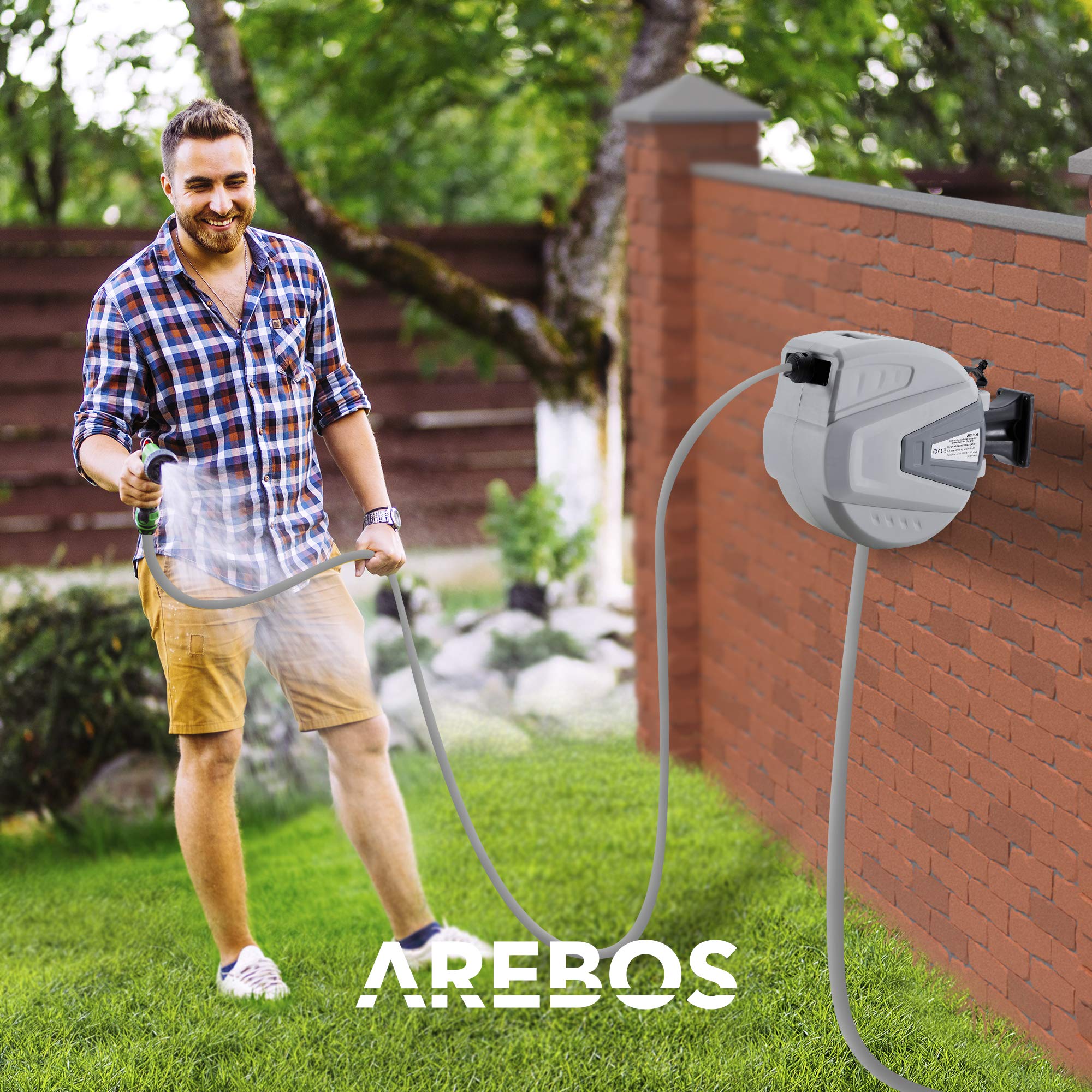 AREBOS Schlauchaufroller 30m | Schlauchtrommel Wandschlauchbox mit Wandhalterung | Gartenschlauch Automatischer Aufrollmechanismus & Arretierstop | 9 Sprühfunktionen 180° Schwenkbar | Grau