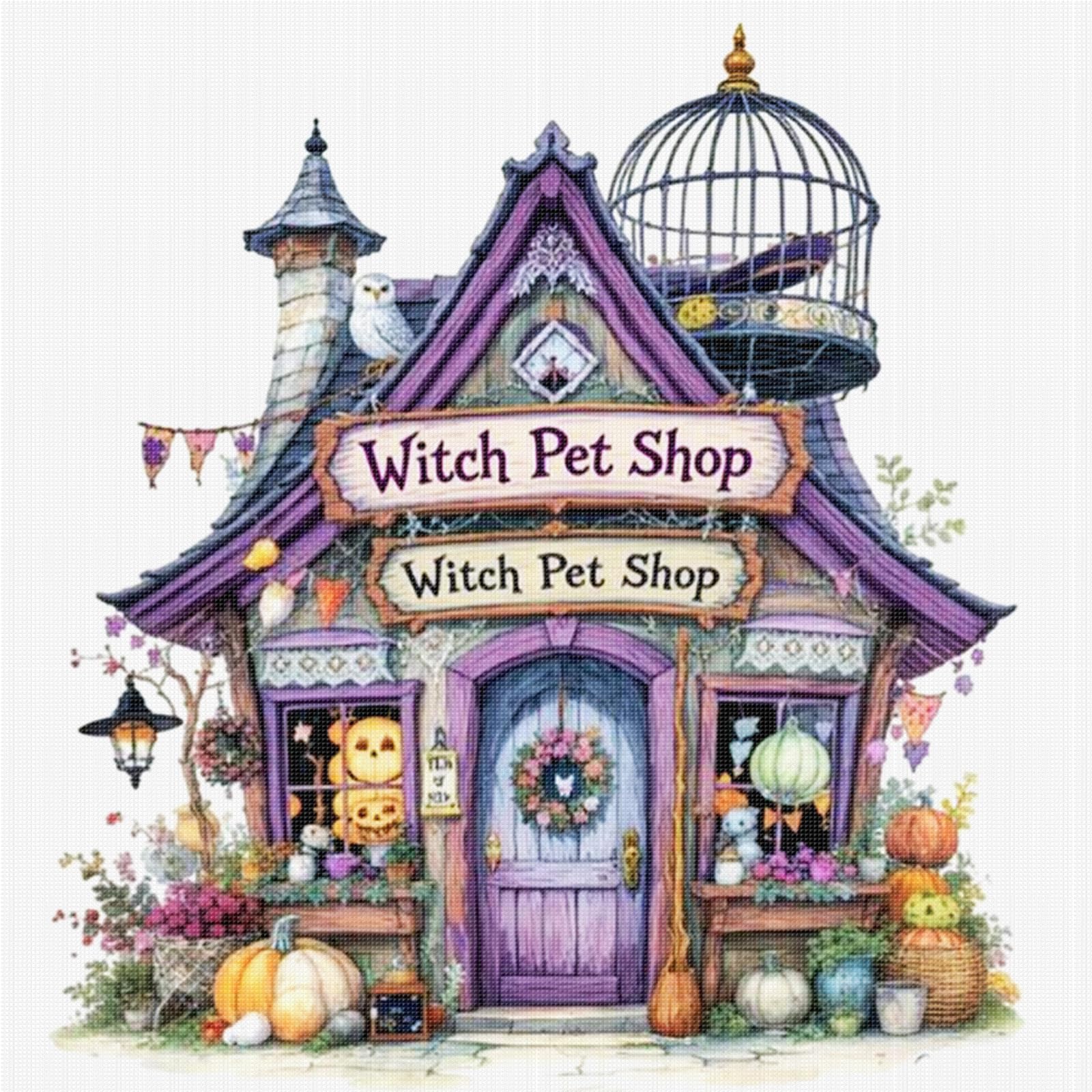 Purple Pet Cottage 14Ct Stamped Cross Stitch Kits For Adults Beginners Halloween Cabin Full