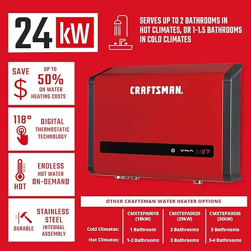 Vista 13 de Craftsman CMXTEPA0036 Calentador de agua eléctrico sin tanque de 36kW 240 voltios 7.3 GPM, color rojo
