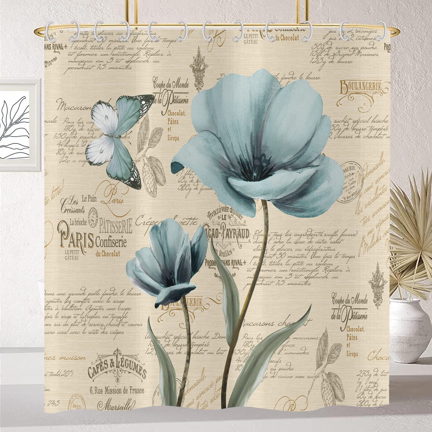Hnmdmyi Vintage Flower Shower Curtain 200x180, Teal Tulip Floral Butterfly Inspirational Quote Bathroom Curtains Rustic Farmhouse Elegant Beige Waterproof Polyester Fabric Washable Bath Curtains
