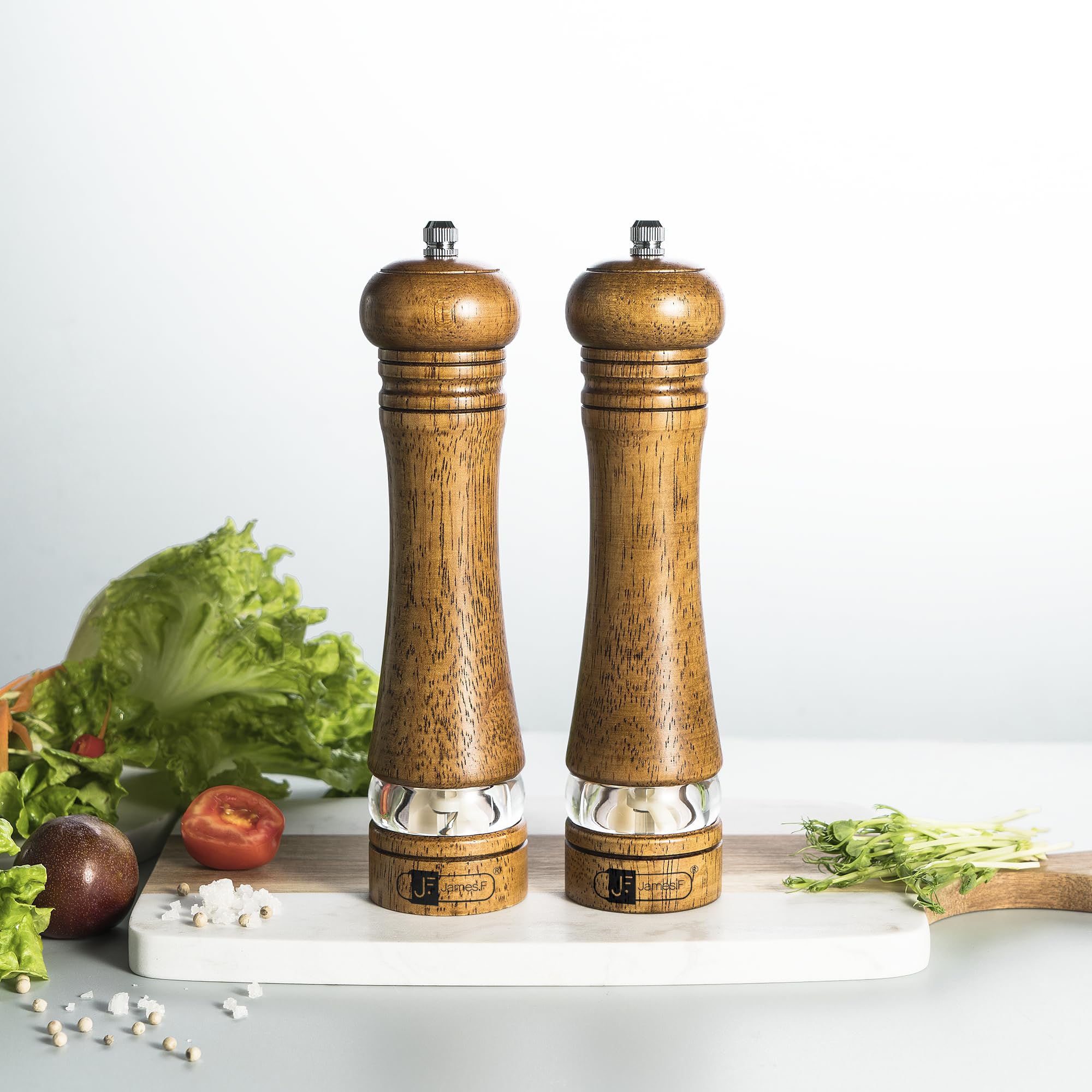 JF JAMES.FWooden Salt and Pepper Grinder Set 8 inch Rubber Wood Salt and Pepper Mills Set of 2 with Acrylic Visible Window & Adjustable Ceramic Rotor