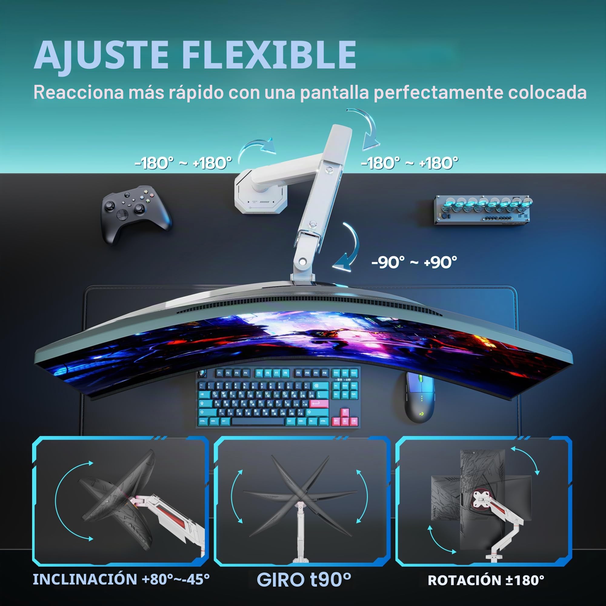 ARES WING Soporte Monitor 17-40 Pulgadas, máxima 12 kg, VESA 75/100 Blanco | Brazo monitor ergonómico, canalización cables, doble montaje C/ojal, compatible con monitores pantallas planas y curvas