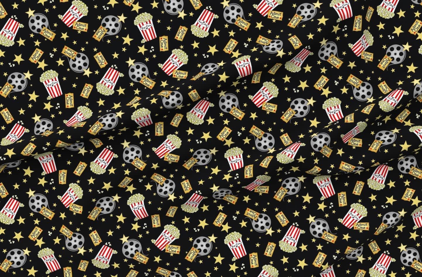 Spoonflower Fabric - VIP Night Theater Popcorn Black Yellow Stars Red Gold Novelty Printed on Denim Fabric by The Yard - Bottomweight Apparel Home Decor Upholstery