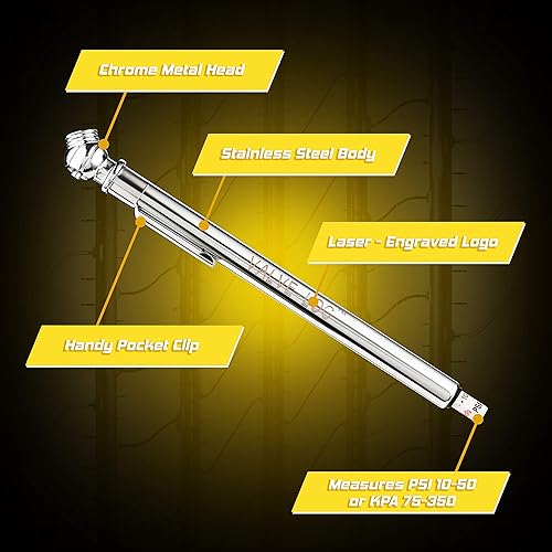 Miniatura 4 de Valve-Loc Medidor de presión de neumáticos 2 unidades 10-50 PSIkPA  Cabeza de metal cromado resistente y cuerpo de acero inoxidable para coches