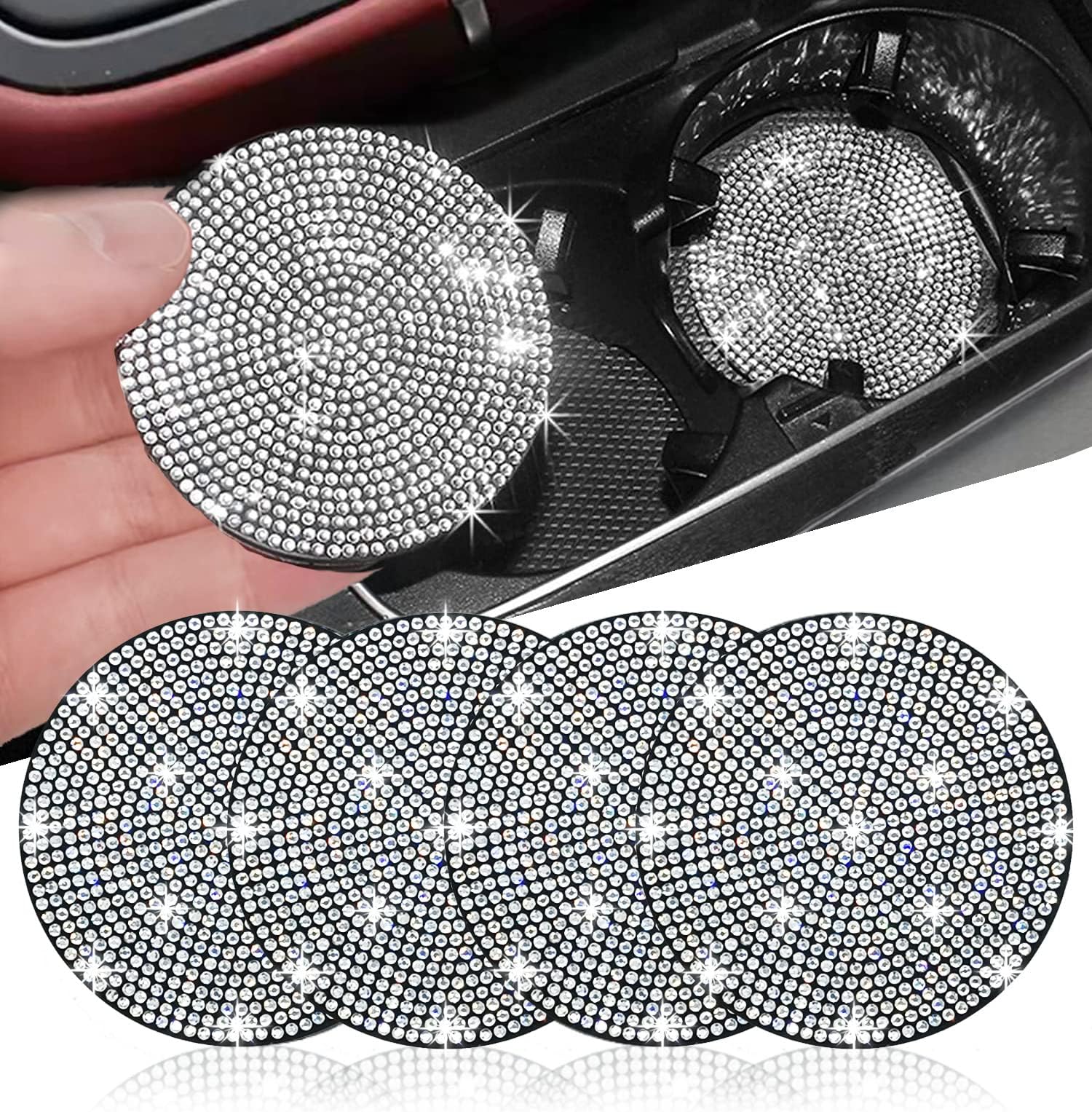 NBTEPEM 2pcs Bling Car Cup Holder Coaster, 2.75 inch Anti-Slip Shockproof Universal Fashion Coasters Insert Crystal Rhinestone Automotive Interior Accessories for Women (2 pcs, Silver)