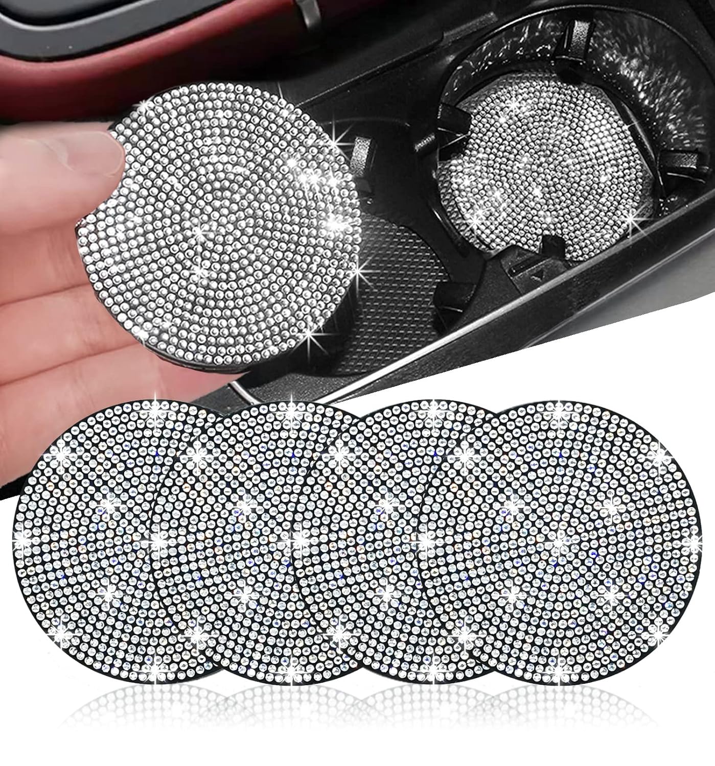NBTEPEM 4pcs Bling Car Cup Holder Coaster 2 75 inch Anti-Slip Shockproof Universal Fashion Car Coasters Insert Bling