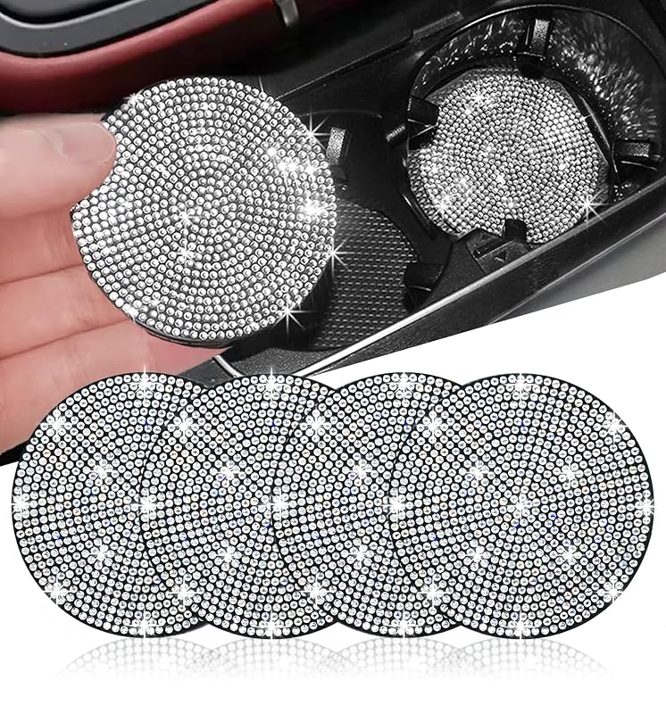 Kit de porta-copos automotivo em silicone com acabamento em strass, redondo, 6,99 cm, prata, NBTEPEM, 4 peças