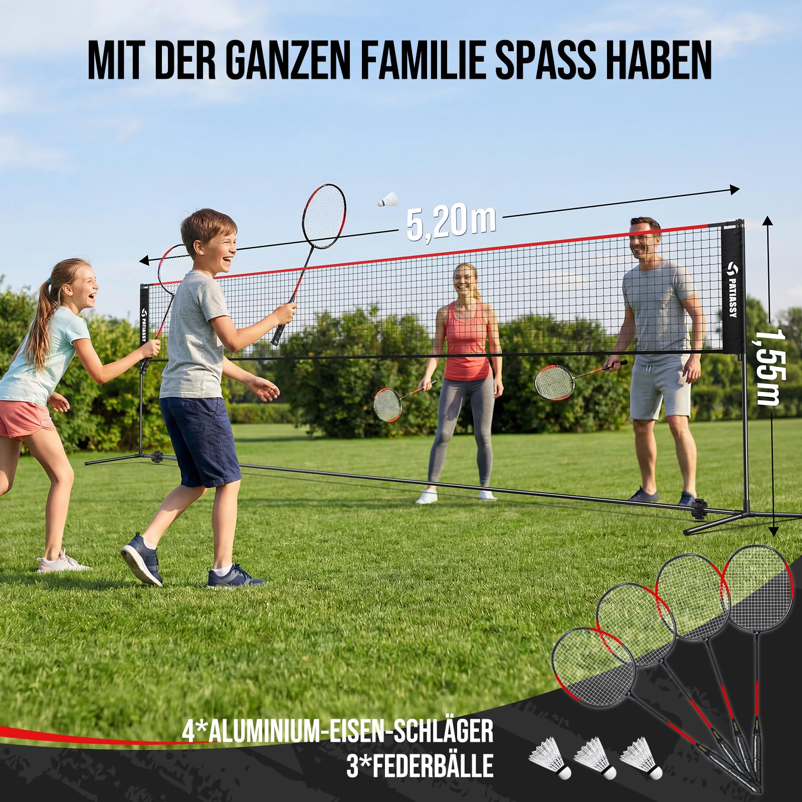 Red de bádminton de 5,2 m, red de tenis, red de voleibol para jardín, barras de altura ajustable, juego de red portátil 4 en 1 con voleibol, bádminton y tenis, raqueta de voleibol, pelota de