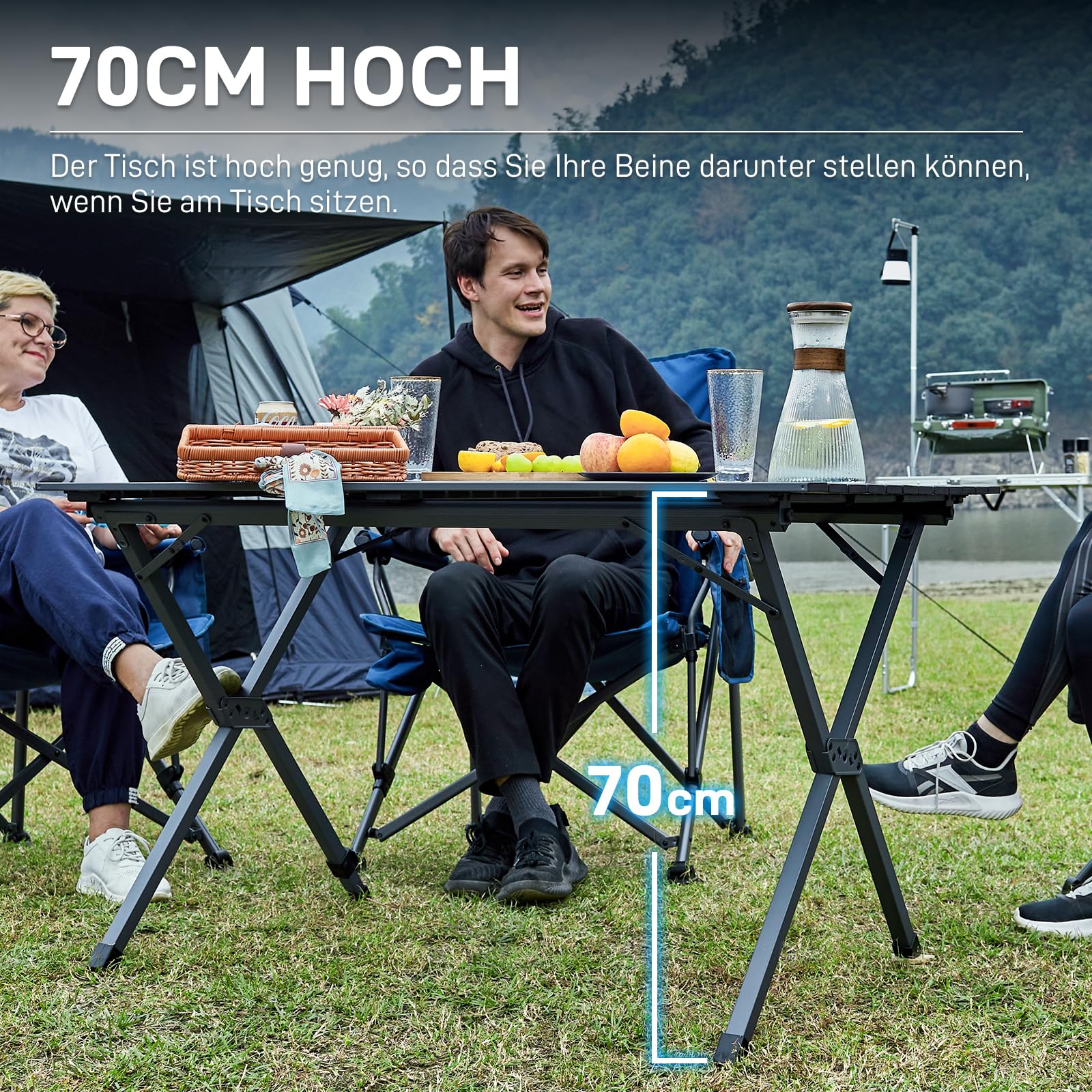 EVER ADVANCED Campingtisch Klappbar Aluminium 120X70CM Klapptisch 100KG Belastbar Aufrollbarer Tischplatte für 4-6 Personen, Falttisch mit Tragetasche für Camping Picknick Garten Balkon, Dunkelgrau