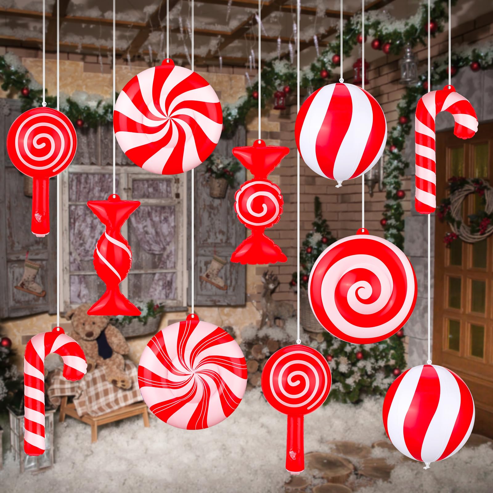 Jetec Lot de 16 décorations de Noël gonflables Rouges et Blanches de 22,9 cm à Suspendre en PVC pour Sapin de Noël, Cour, Porche