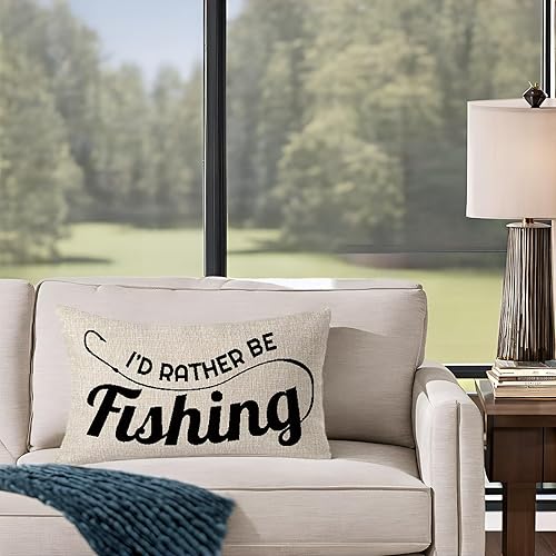 Miniatura 3 de Funda de cojín con texto en inglés "I'd Rather Be Fishing Gift to Fishing Enthusiast Club Throw Pillow Cover Cushion Case Cotton Linen Material