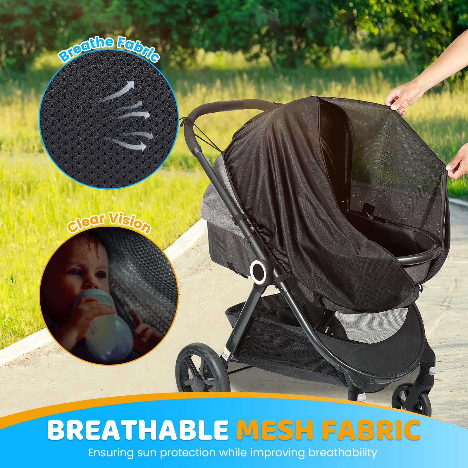 Orzbow Pram Sun Shade, Universal Sun Shade for Pram Breathable Stroller Sun Shade with Two-Way Zip, Strong Sun Shading - Image 4