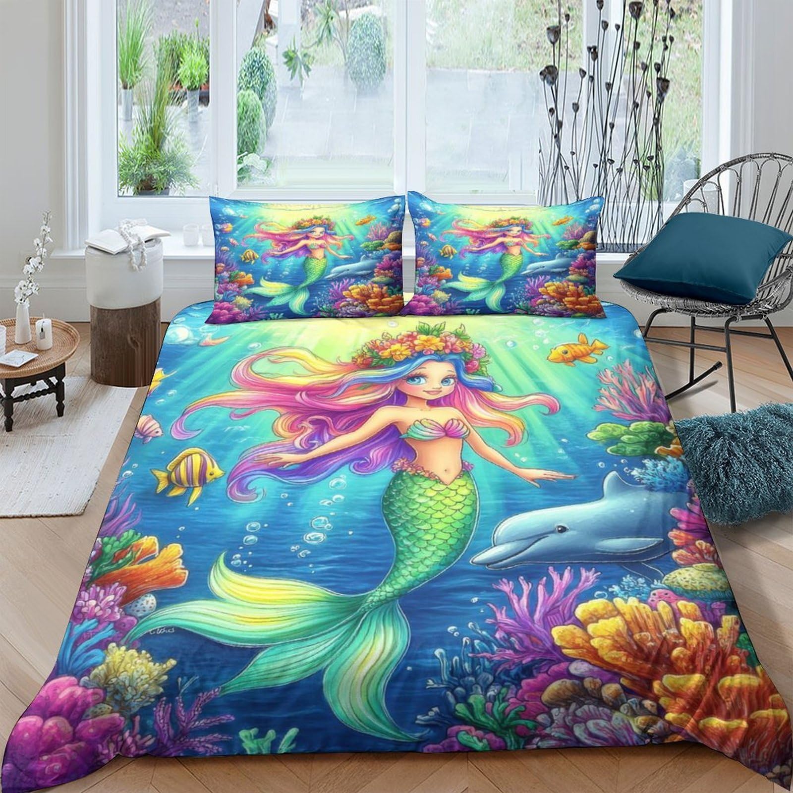 Ctjqhvkz Style-1 3D Printed Colorful Mermaid Fitted Sheet Microfiber Soft Breathable Ocean Fantasy Bed Cover For Bedroom Decor Single（135X200cm）
