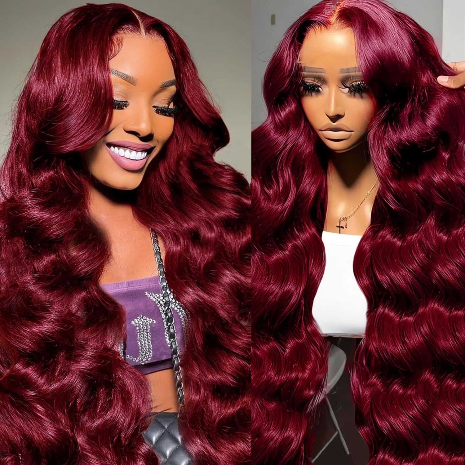 Gemlong 22 Inch 99J Burgundy Lace Front Wigs Human Hair Body Wave 13x4 HD Transparent Pre Plucked Glueless Lace Frontal Wig Human Hair 200% Density Red Wine Colored Human Hair Wigs for Women