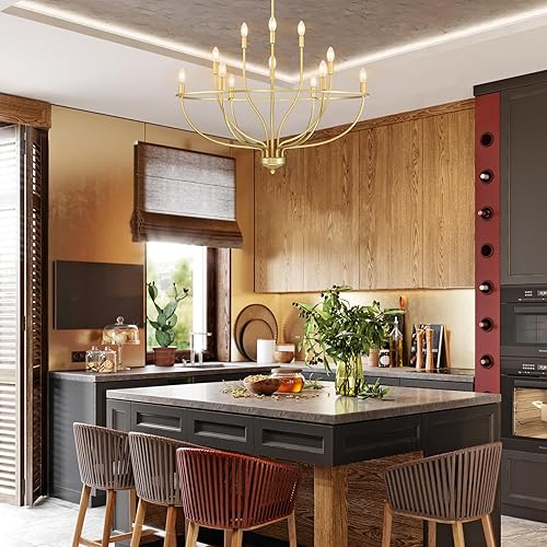 Miniatura 3 de Senroyal Candelabro dorado para comedor, lámpara colgante clásica de 12 luces de granja sobre la mesa, candelabro grande de latón para isla de