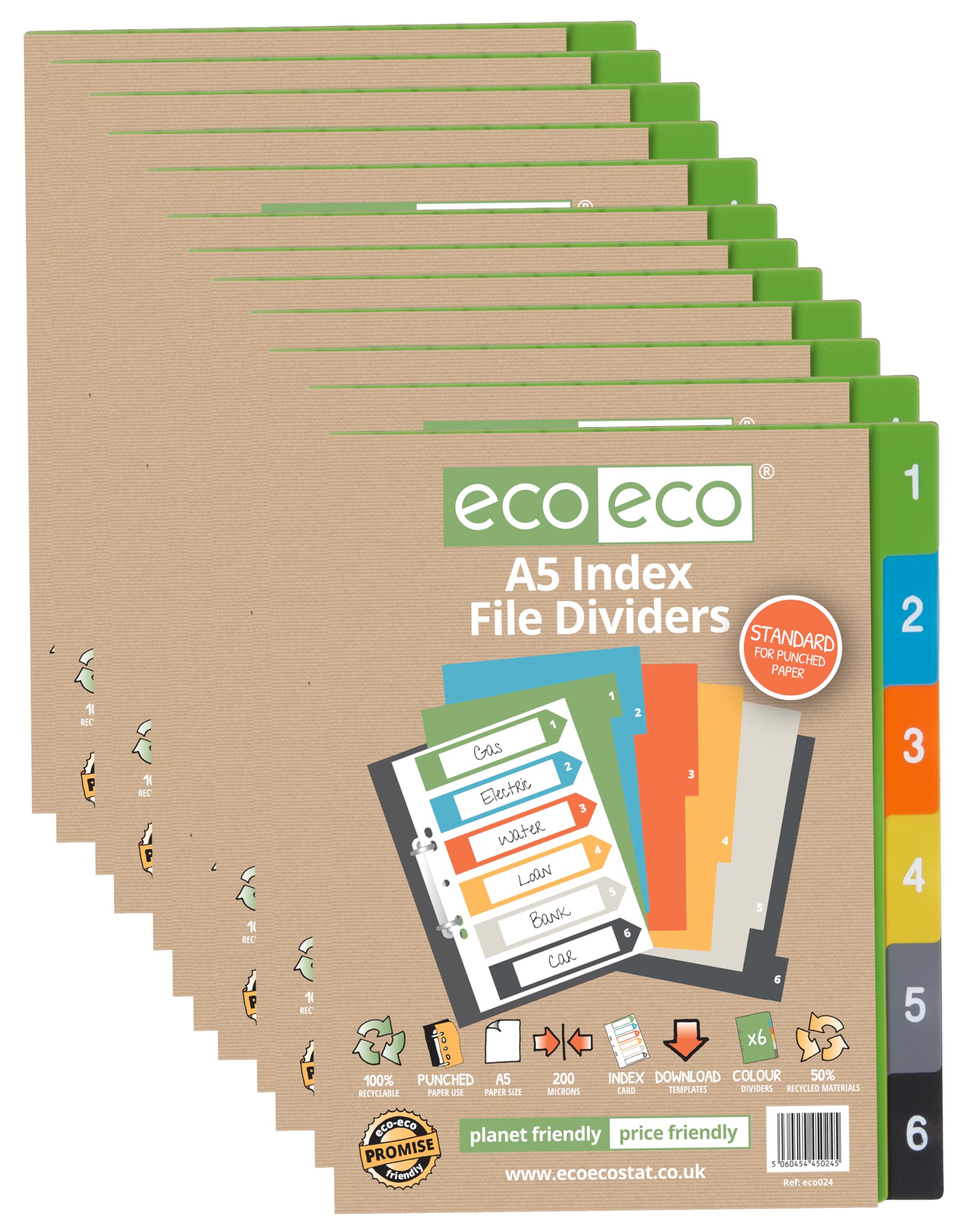 eco-eco A5 50% Recycled Set 6 Multi-Punched Index File Dividers, Multicoloured Tabbed 1-6 Ring Binder Subject Dividers, Pack of 12, eco024x12