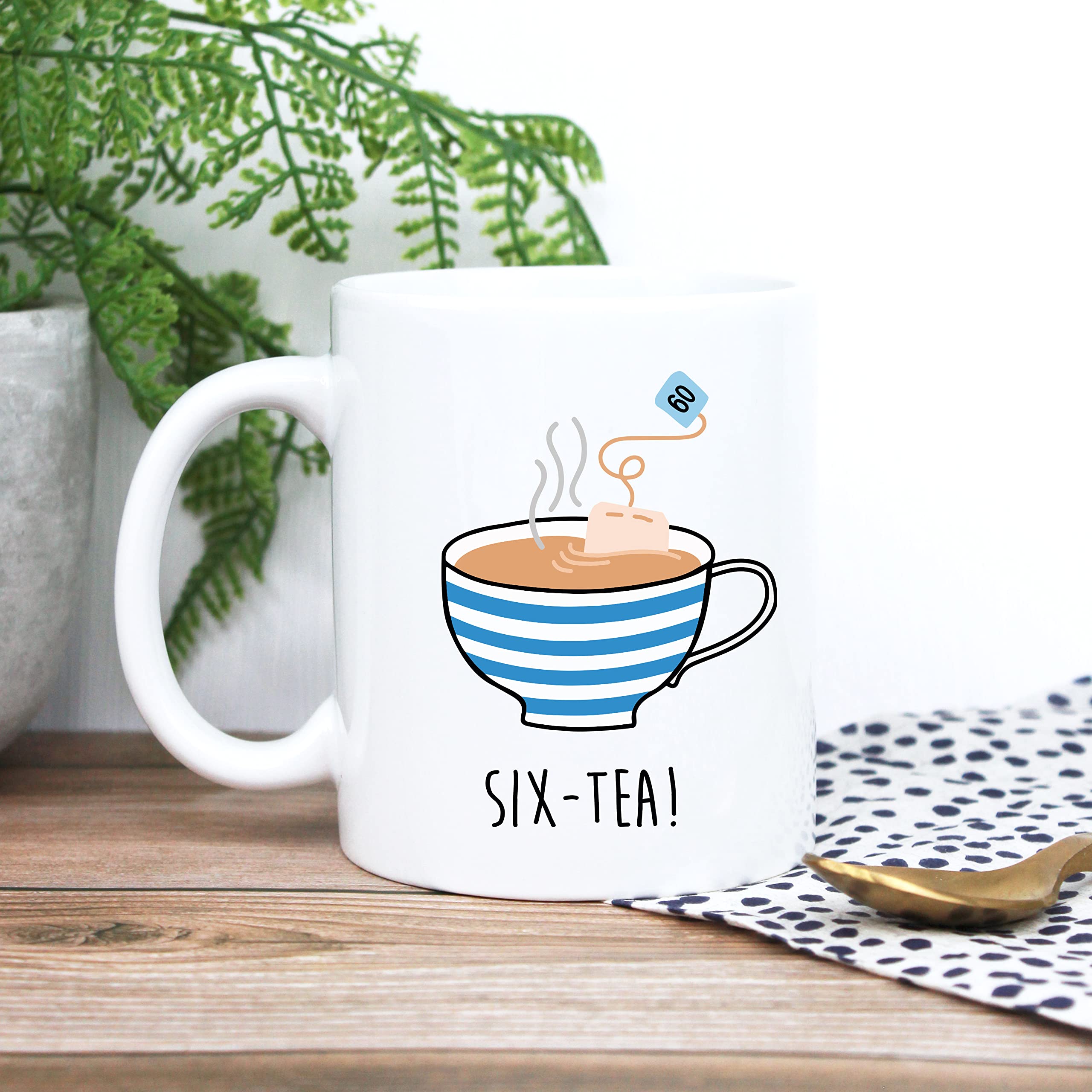 eBuyGB Printed Ceramic Coffee Mug -SIX-Tea Design - 350ml Tea Cup, 60th Milestone Birthday Gifts for Men, Him - Sixtieth Gift for Friend, Grandad, Dad, Husband