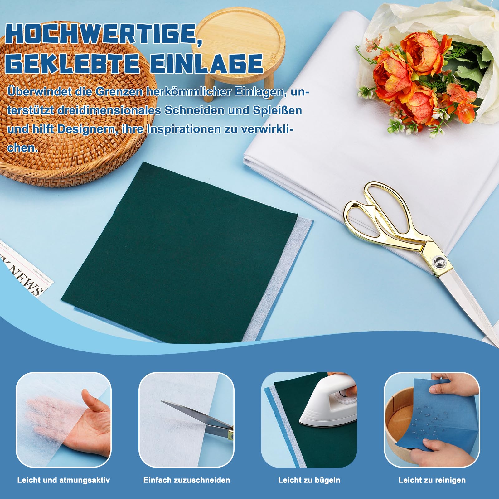 Weißes Bügelvlies 50g/m² - Leichte Vlieseinlage Zum Verstärken Von Stoffen