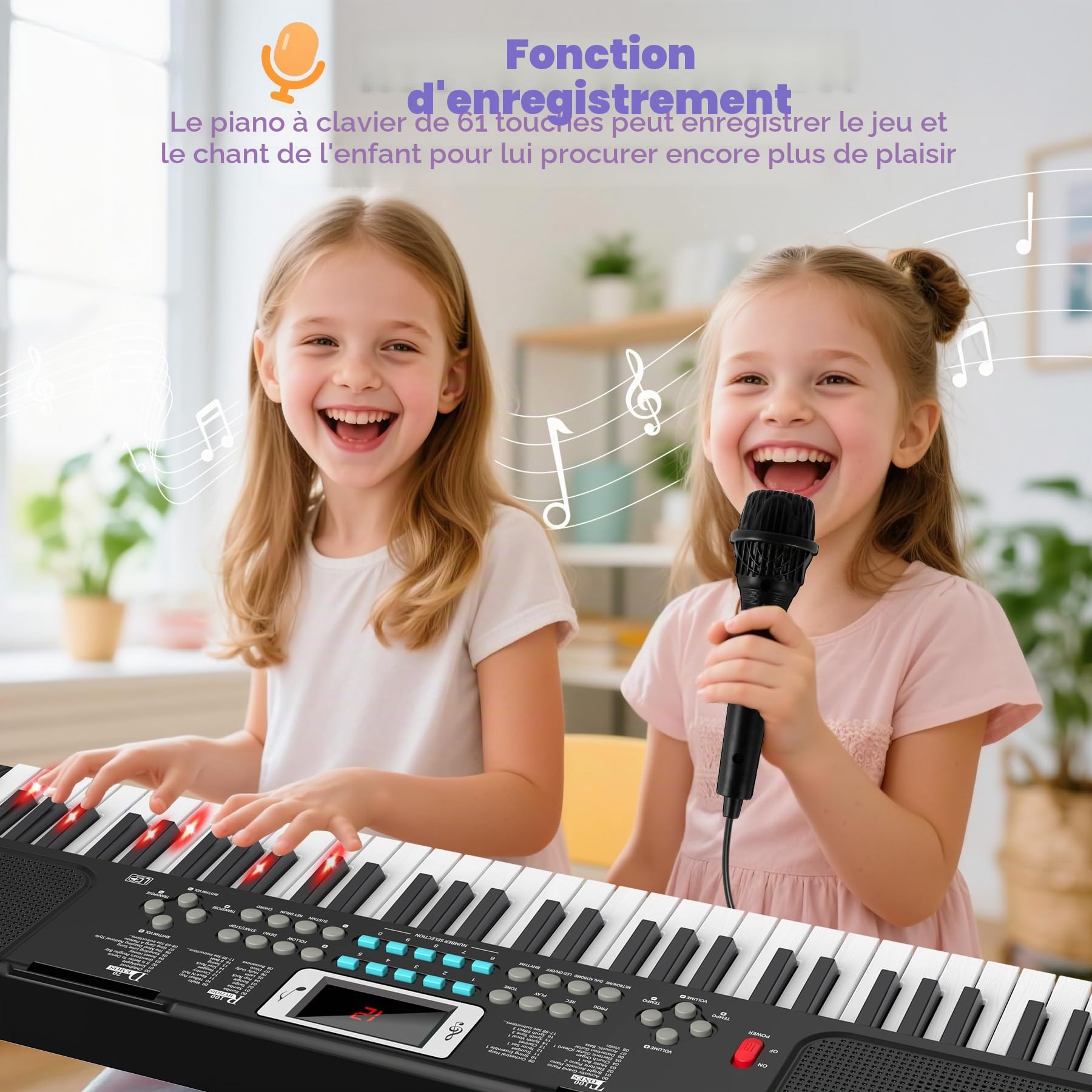 Enfants Piano Clavier 61 Touches Électronique Piano avec Touches Lumineuses