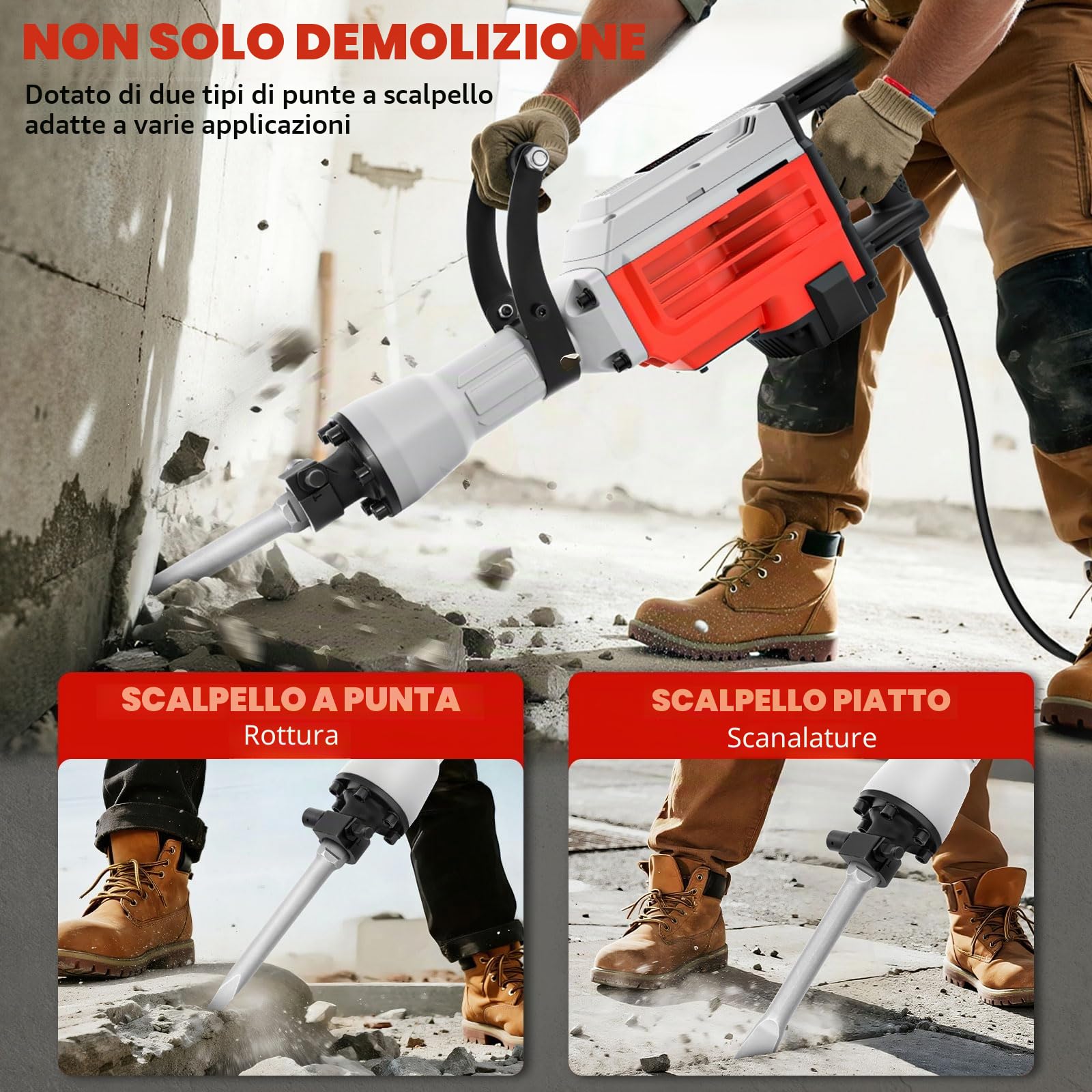Martello Demolitore 3500W SDS-Hex, 60 Joule, Martello Pneumatico con Impugnatura Anti-Vibrazione, 2 Scalpelli Inclusi e Scatola di Trasporto, Tassellatore per Calcestruzzo e Demolizioni Pesanti