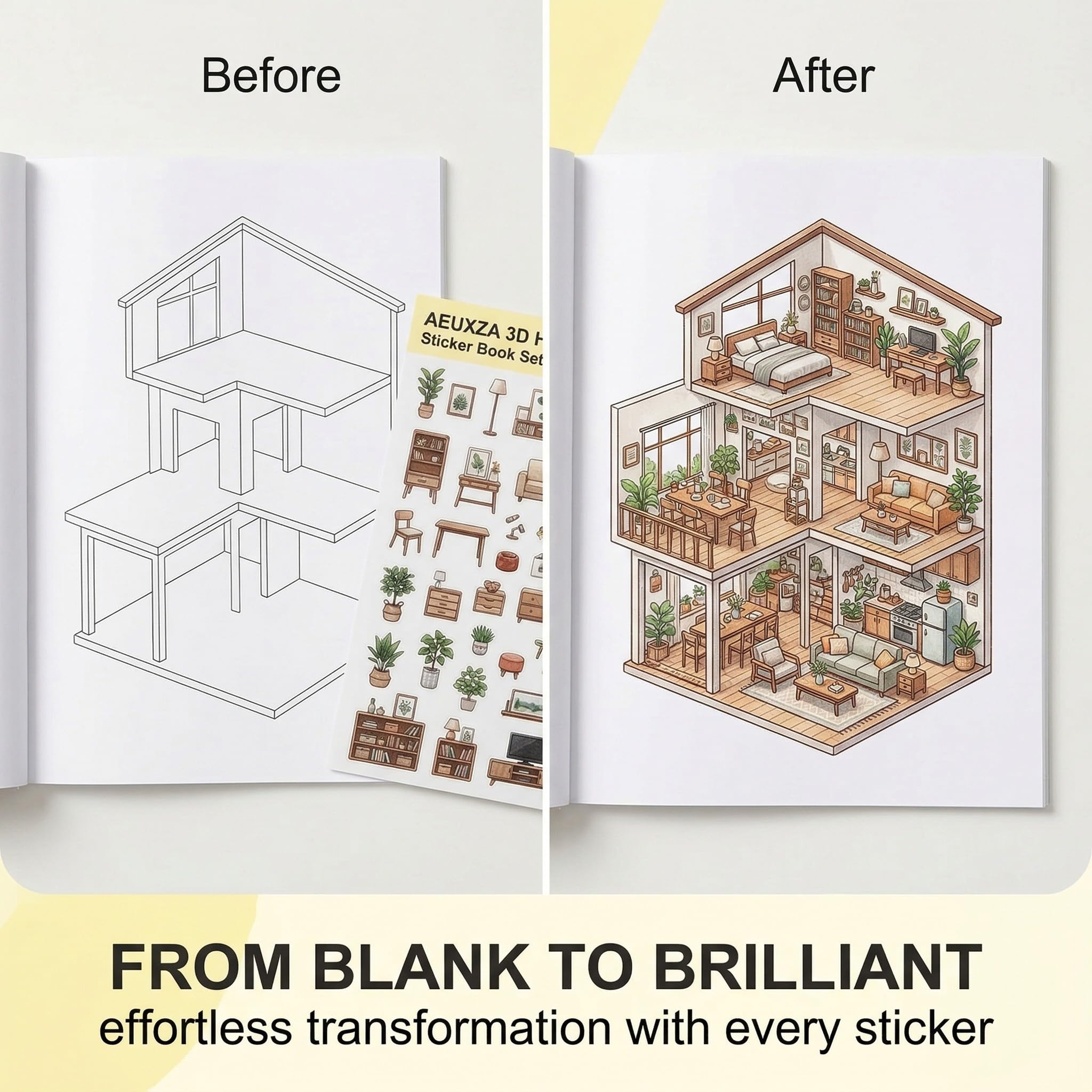 AEUXZA Libro de Pegatinas 3D Casa en Miniatura, Set de 50 Páginas con Escenas de Habitaciones (20 Escenas + 30 Hojas) y 2 Pinzas, Accesorios DIY Scrapbooking para Niños y Adultos — view 5