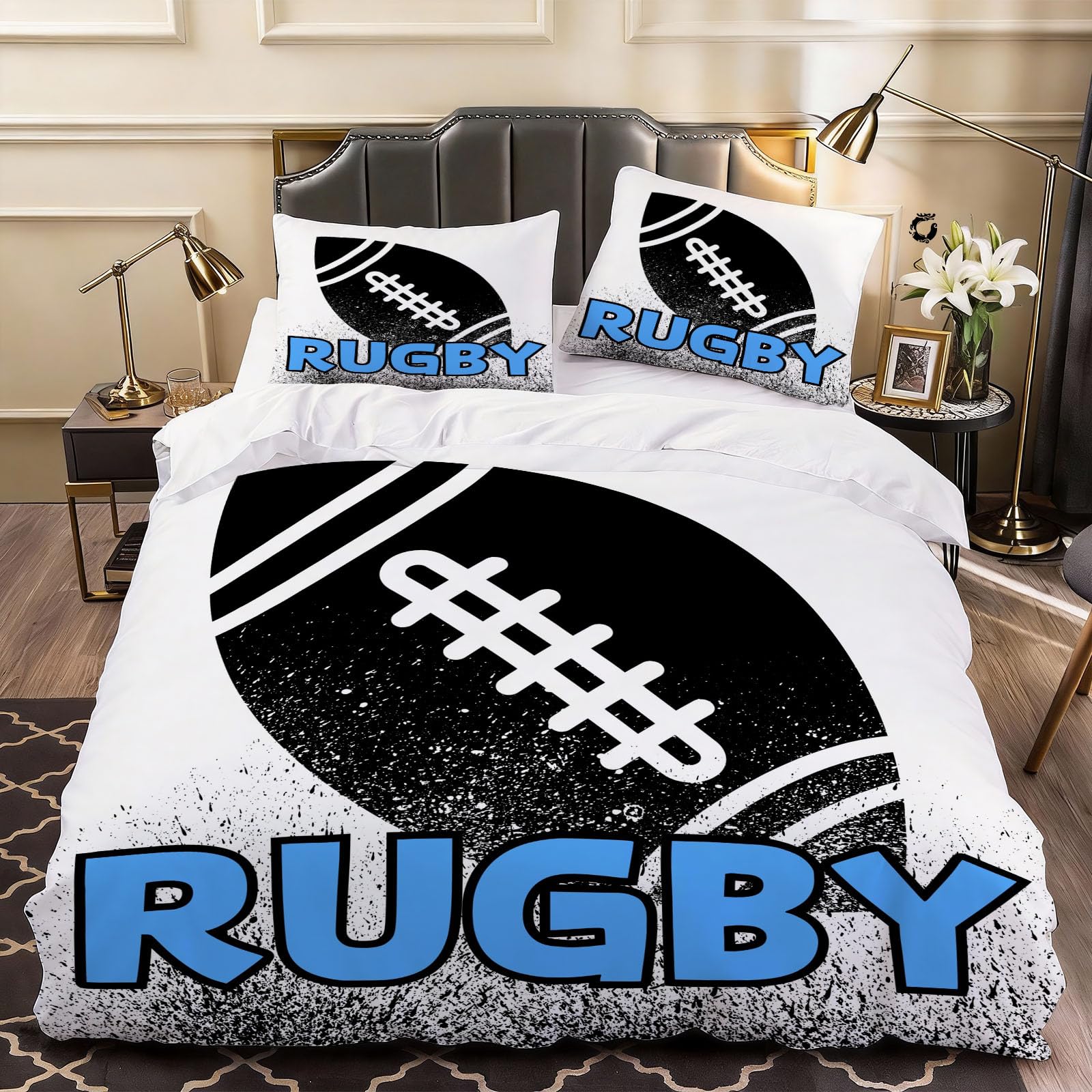 3D Rugby Duvet Cover Sport Bedding Single Bed Set, Soft Microfiber Comforter Cover Printed with Zipper Closure Quilt Coverr 135x200 cm and 2 Pillowcases