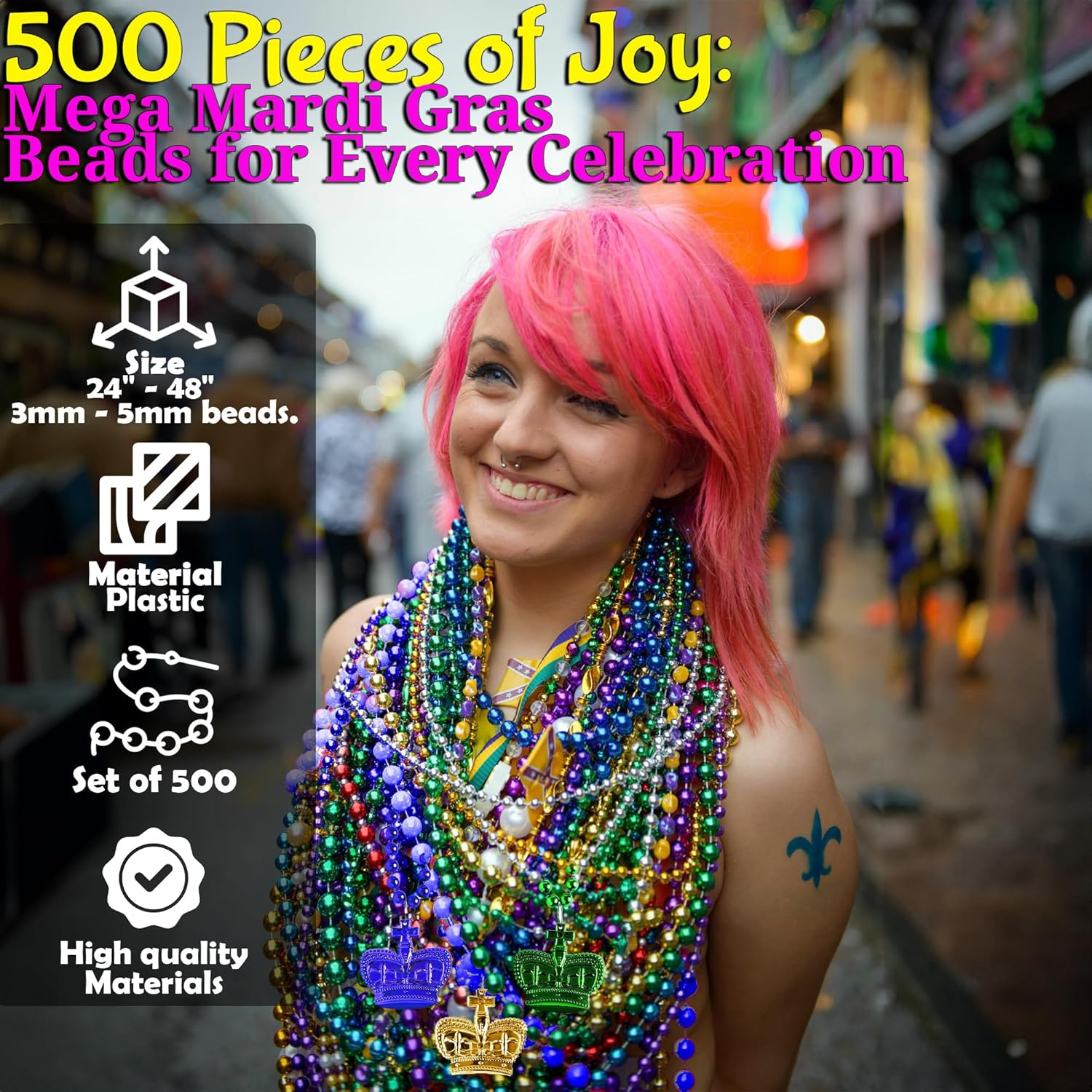 Fun Express Mardi Gras Beads Bulk 500 Piece Mega Assortment - Premium Party Accessories for Women & Kids | Gold Silver Purple Green Beaded Necklaces for Celebrations, Parades & Costume Events