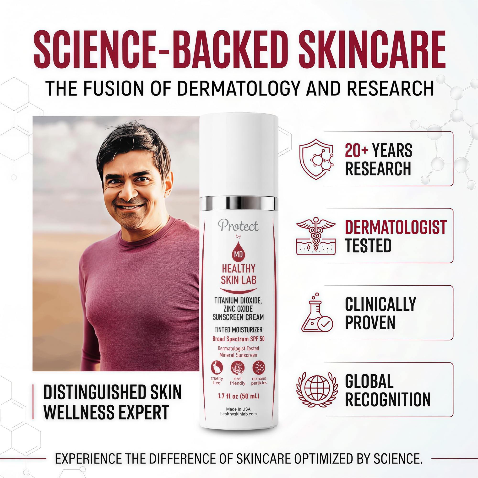 Healthy Skin Lab - Crema idratante colorata con protezione solare minerale SPF 50, acido ialuronico, ossido di zinco, biossido di titanio