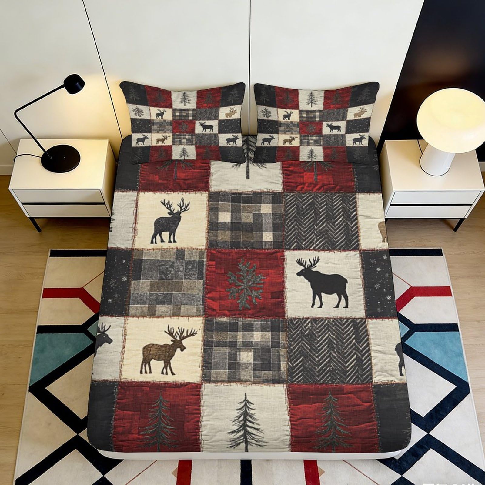 3D Printed Deer Plaid Fitted Sheet Microfiber Soft Breathable Forest Moose Bed Cover for Bedroom Guest Room Decor 90x200x25cm