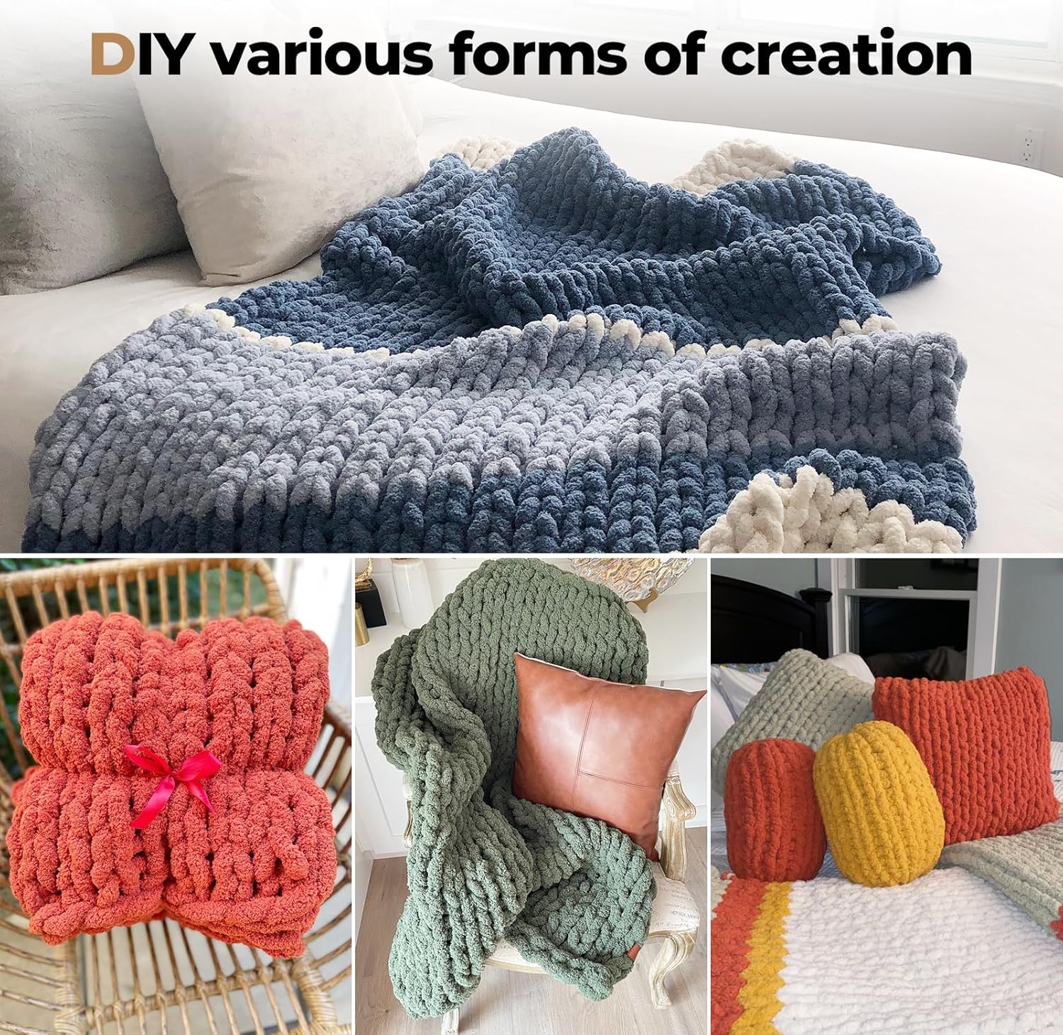 Chunky Yarn for Hand Knitting Soft Jumbo Bulky Fluffy Chenille Yarn for Crocheting Blanket Scarf DIY 8 Pack (White, 28yds, 8 Ounces Each)