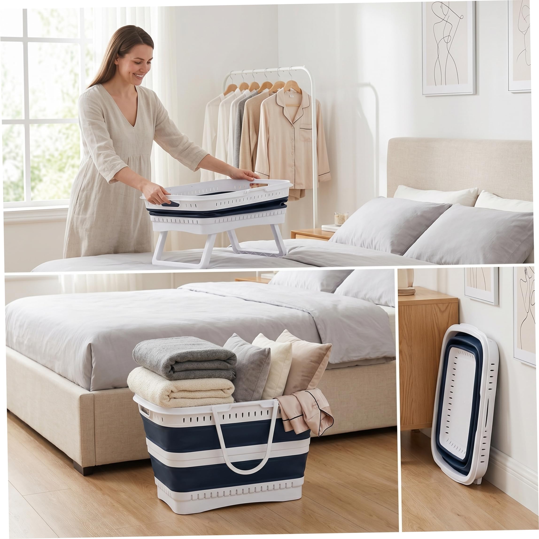 Cesto Portabiancheria Pieghevole in Plastica con Gambe, Cesto Pieghevole di Capacità da 26 Litri con Manici per Bagno, Camera da Letto, Cucina, Sala Giochi, Dormitorio, Blu Scuro